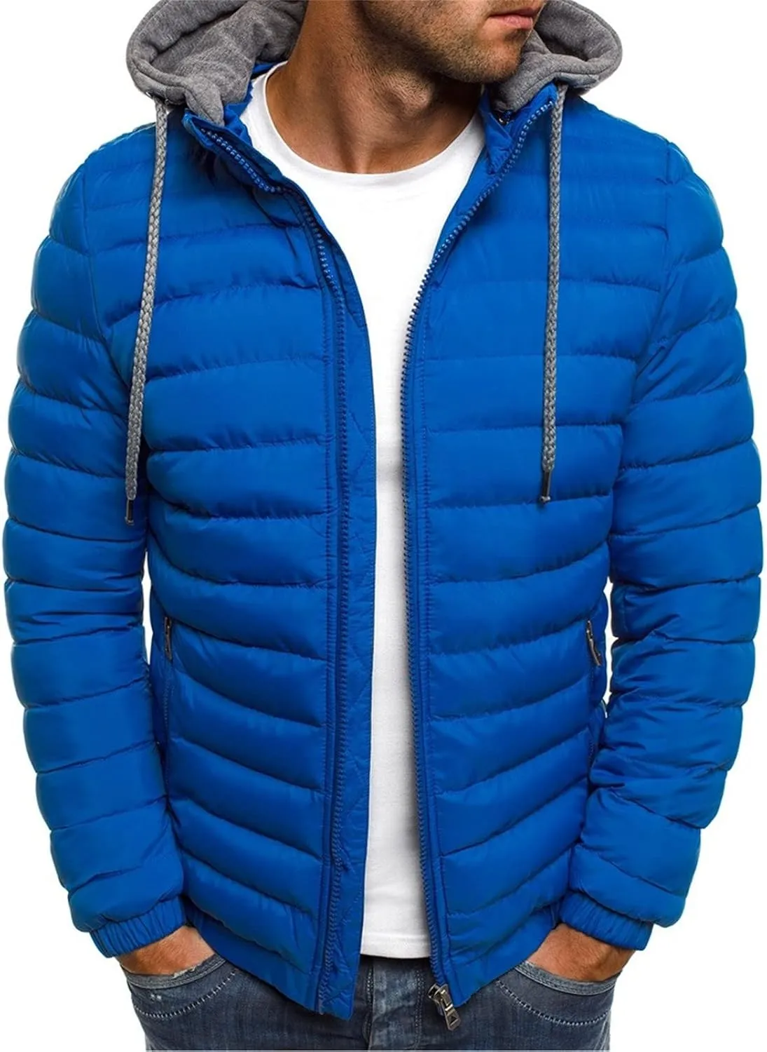 Packable Down Jacket Mens Lightweight Puffer Jacket Zip up Quilted Jacket Detachable Hoodie Jacket Warm Winter Coat
