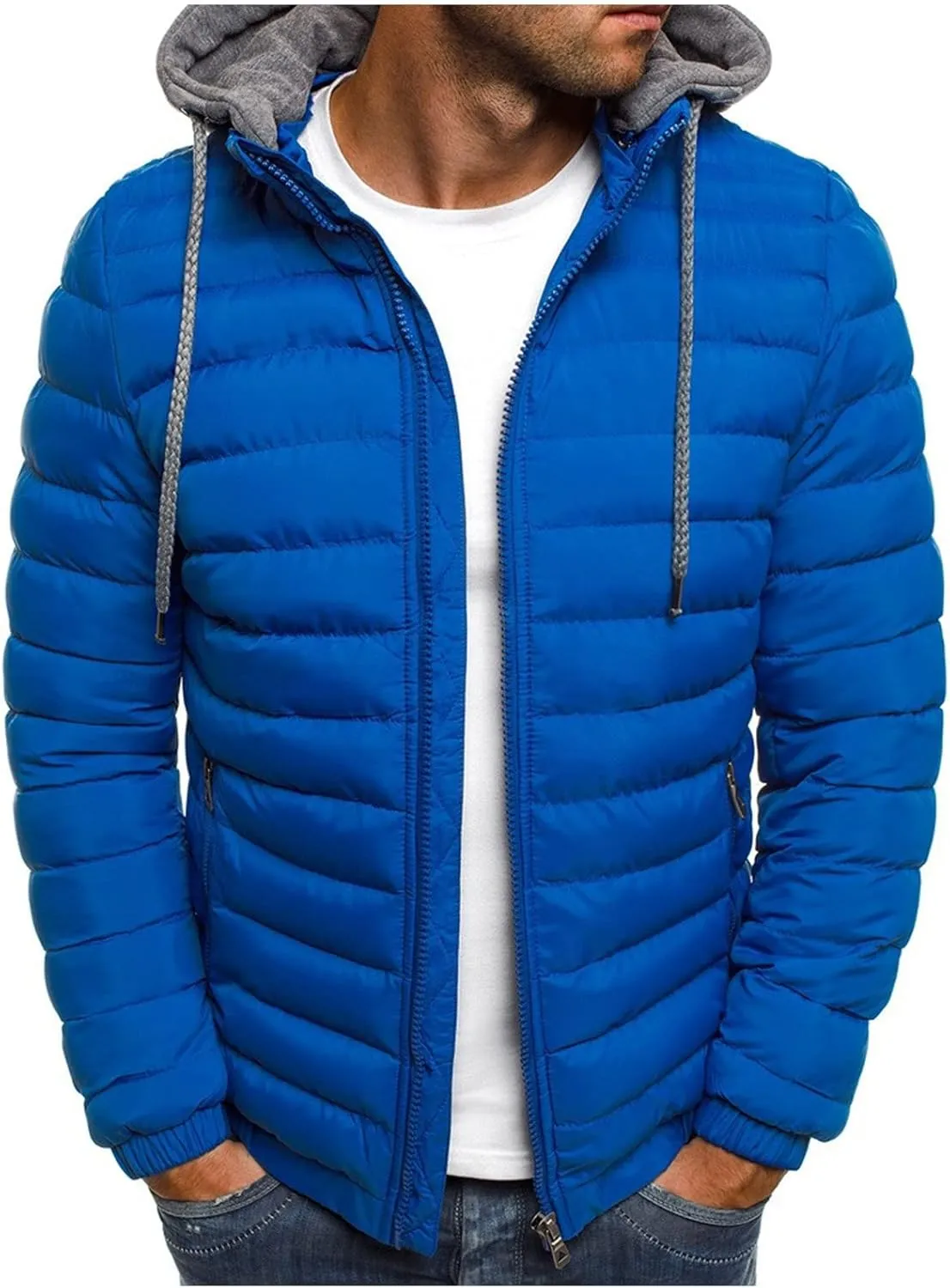 Packable Down Jacket Mens Lightweight Puffer Jacket Zip up Quilted Jacket Detachable Hoodie Jacket Warm Winter Coat