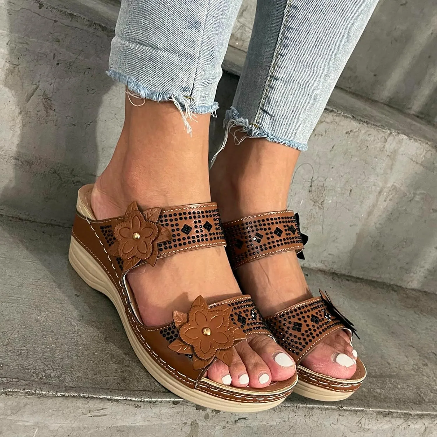 Platform Sandals Women Beach Sandals for Women Womens Casual Slip on Summer Wedge Womens Comfortable Summer Open Toe Wedges Orthopedic with Arch Support