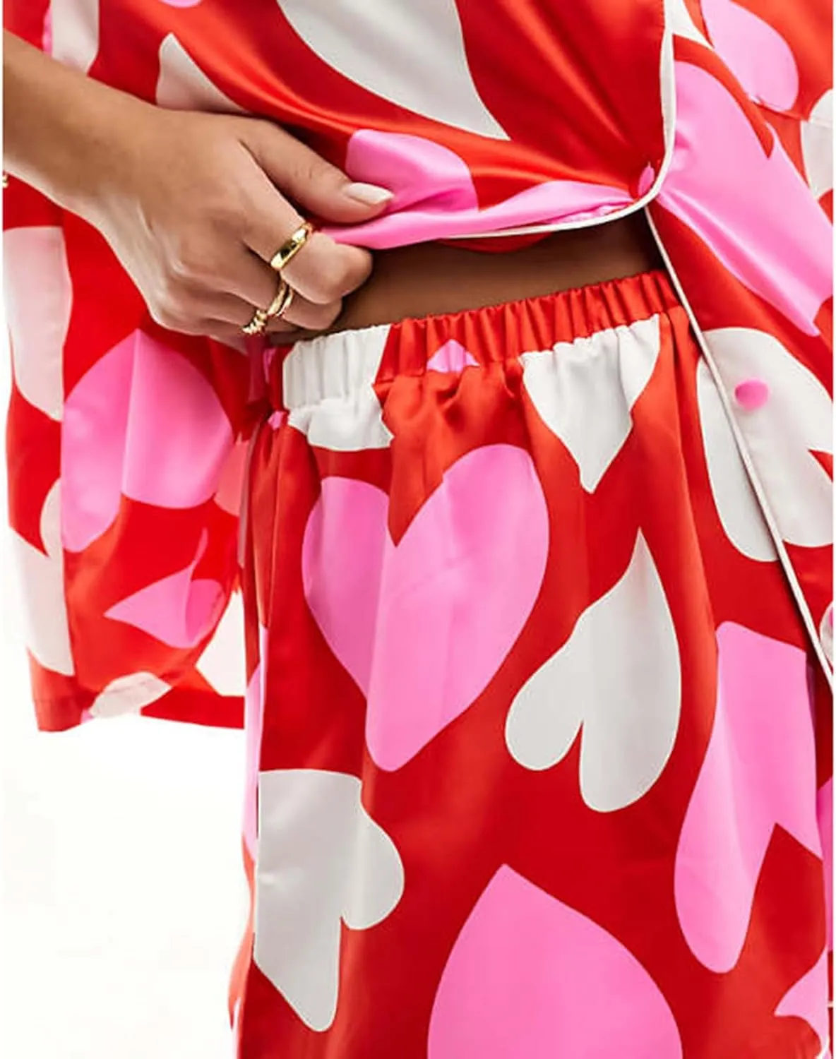 RUEWEY Womens Satin Pajamas Set Heart Print Button Down Shirt Shorts Set 2 Piece Silk Pjs Sleepwear