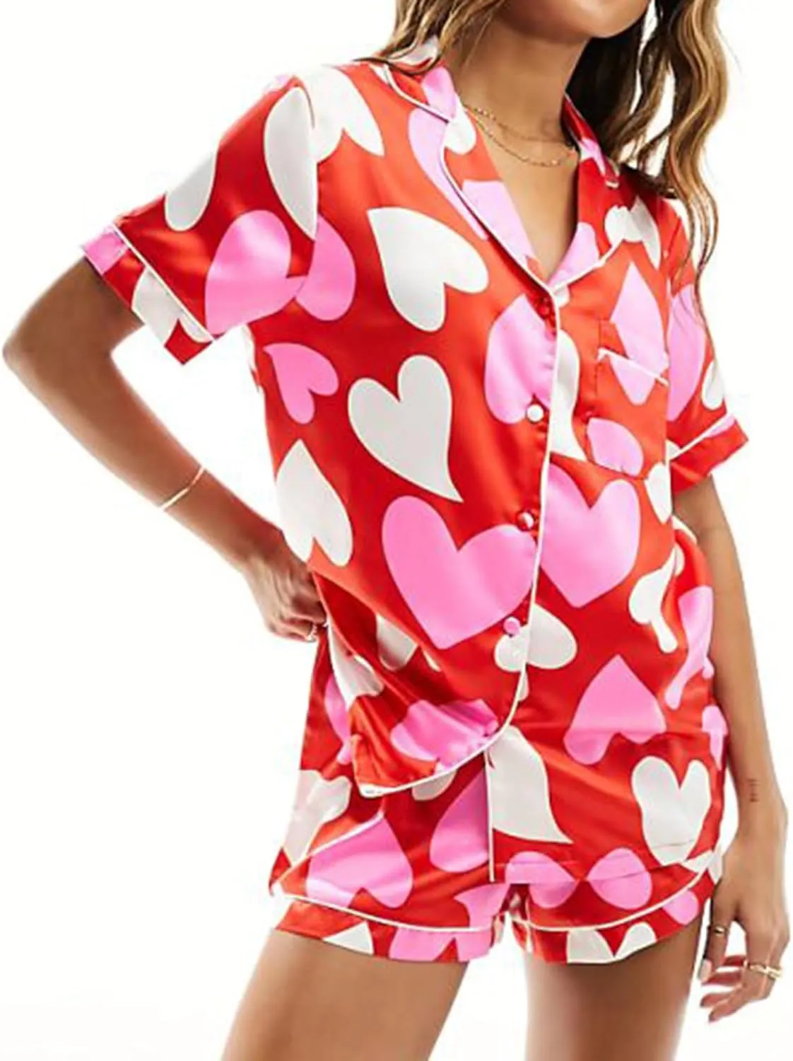 RUEWEY Womens Satin Pajamas Set Heart Print Button Down Shirt Shorts Set 2 Piece Silk Pjs Sleepwear