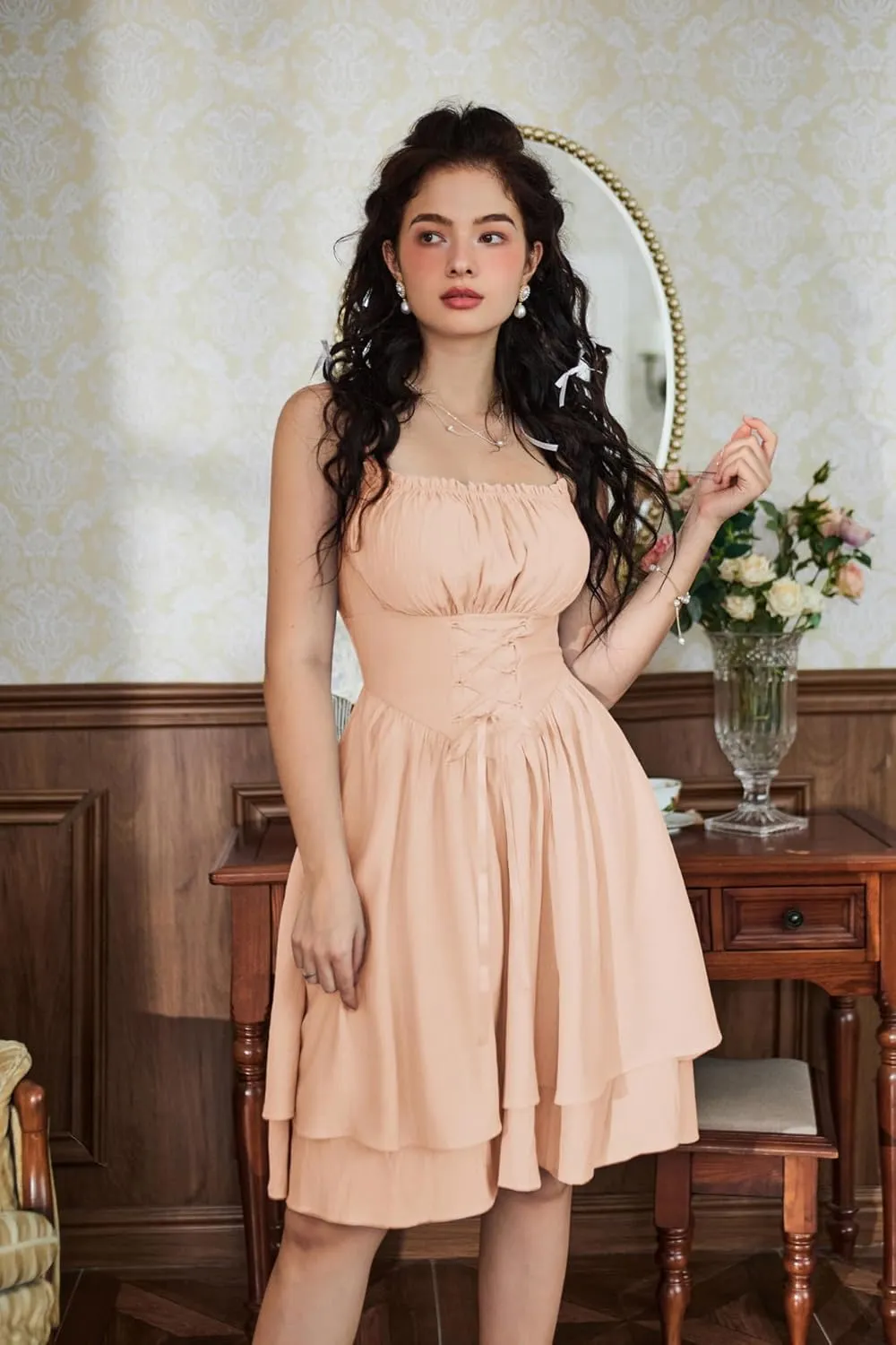 Scarlet Darkness Renaissance Dress Women Chiffon Spaghetti Strap Corset Dress