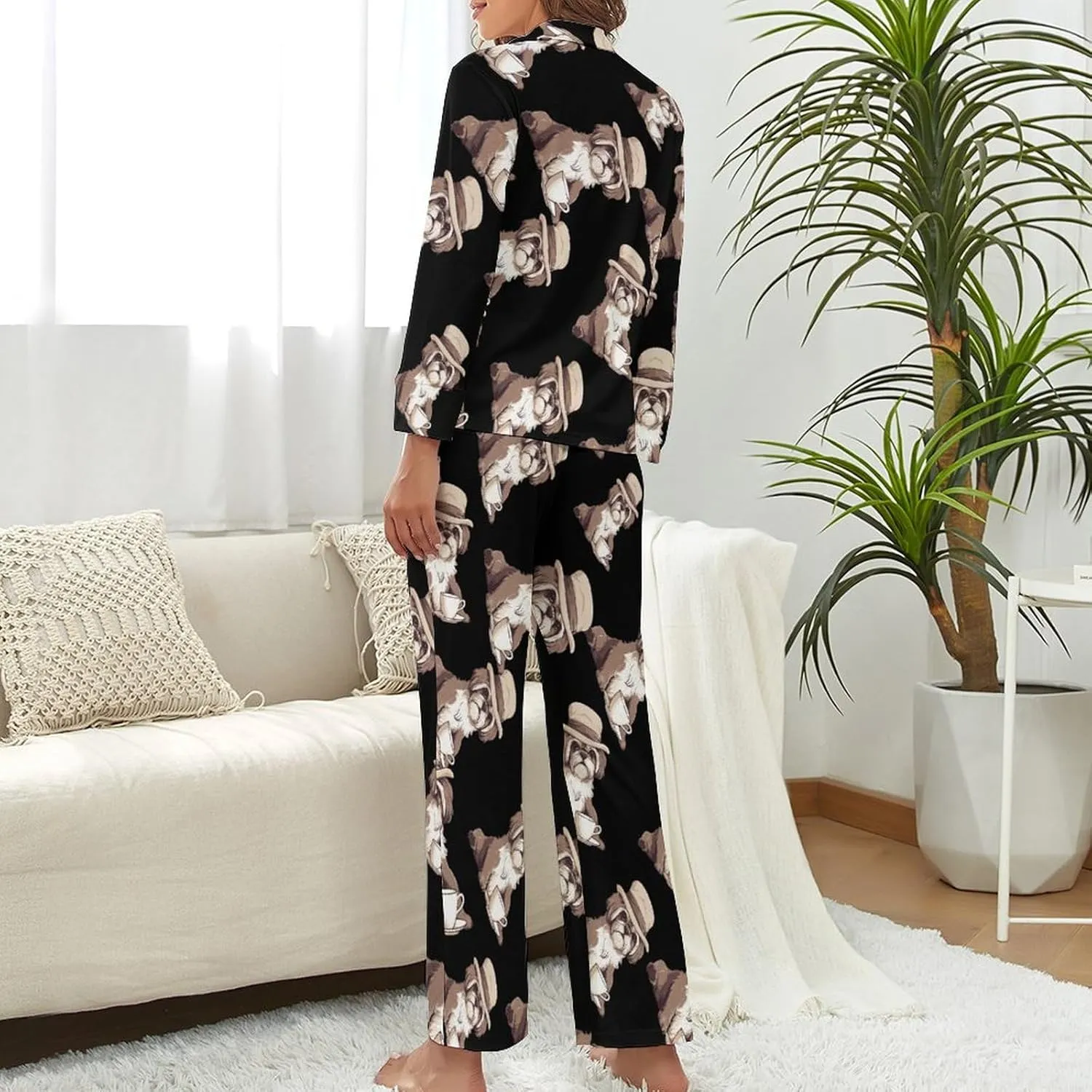 Shih Tzu Dog Womens Pajamas Satin PJ Set Button Down Loungewear Set 2 Piece Lounge Sets