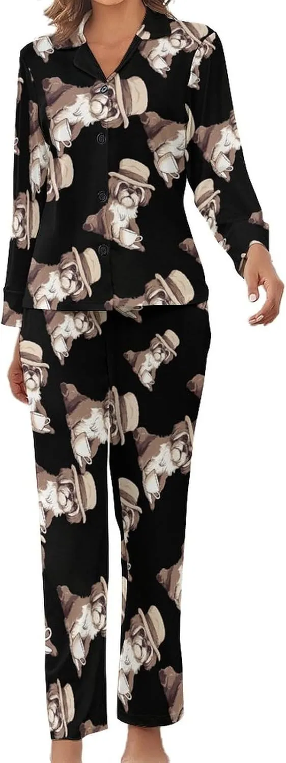 Shih Tzu Dog Womens Pajamas Satin PJ Set Button Down Loungewear Set 2 Piece Lounge Sets