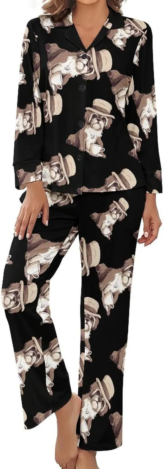Shih Tzu Dog Womens Pajamas Satin PJ Set Button Down Loungewear Set 2 Piece Lounge Sets