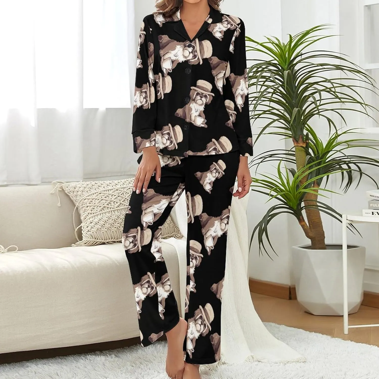 Shih Tzu Dog Womens Pajamas Satin PJ Set Button Down Loungewear Set 2 Piece Lounge Sets