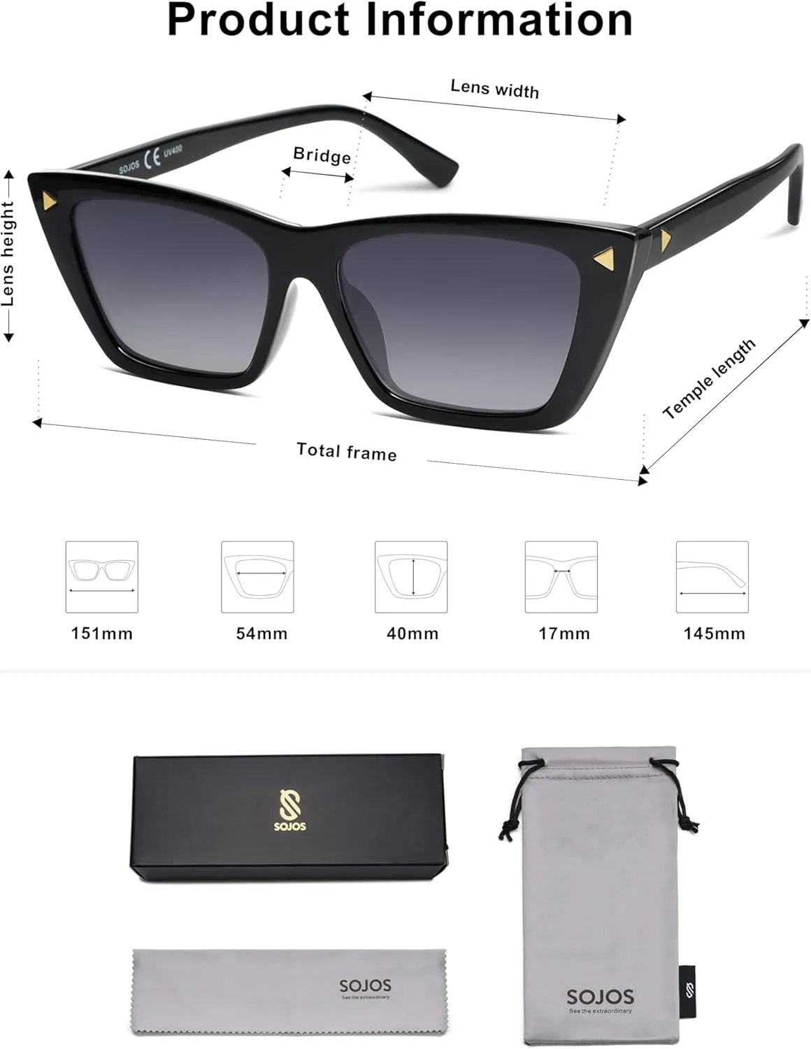 SOJOS Trendy Sunglasses Womens Cute Cat Eye Polarized Square Women Designer Shades SJ2297