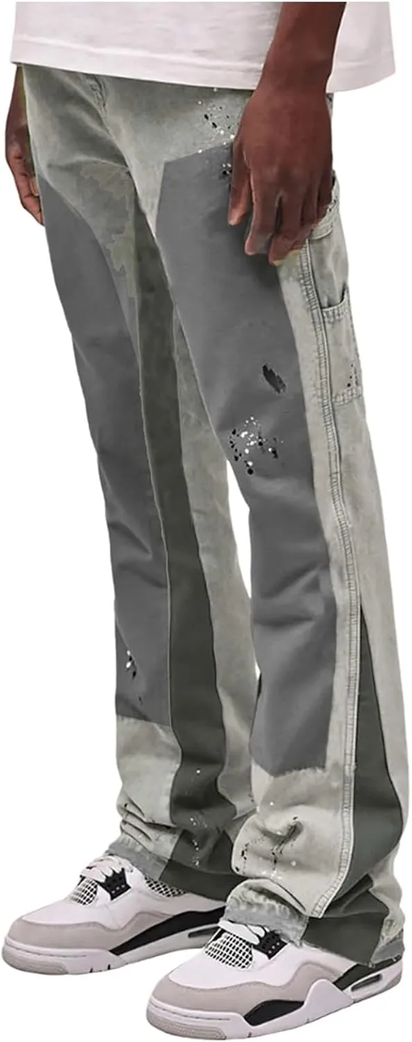 Stacked Jeans Men Baggy Jeans Men Patch Flared Trousers Outfits Bell Bottom Disco Denim Pants Vintage Patch Jeans