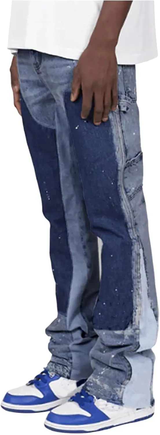 Stacked Jeans Men Baggy Jeans Men Patch Flared Trousers Outfits Bell Bottom Disco Denim Pants Vintage Patch Jeans