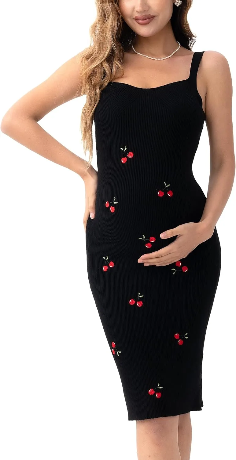 SUNNYBUY Women's 2025 Summer Cherry Embroidered Ribbed Knit Maternity Dress