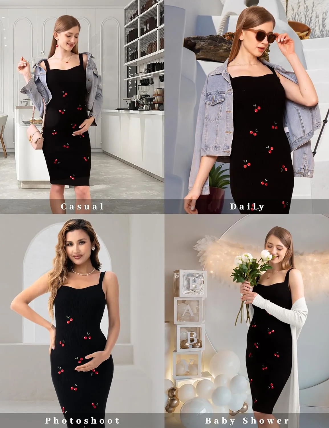 SUNNYBUY Women's 2025 Summer Cherry Embroidered Ribbed Knit Maternity Dress