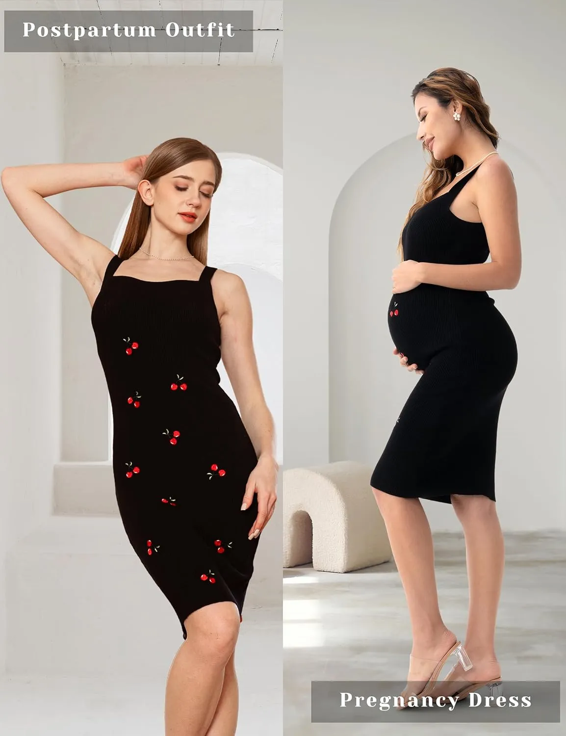 SUNNYBUY Women's 2025 Summer Cherry Embroidered Ribbed Knit Maternity Dress
