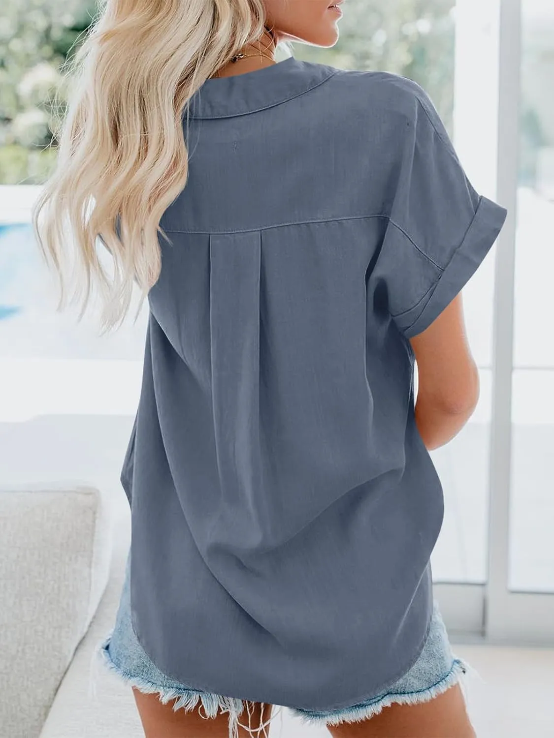 SySea Womens Short Sleeve Striped Shirts Casual Button Down V Neck Work Blouses Tops