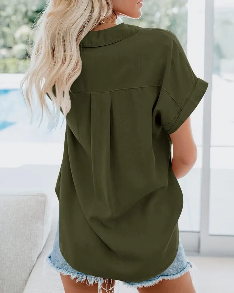 SySea Womens Short Sleeve Striped Shirts Casual Button Down V Neck Work Blouses Tops