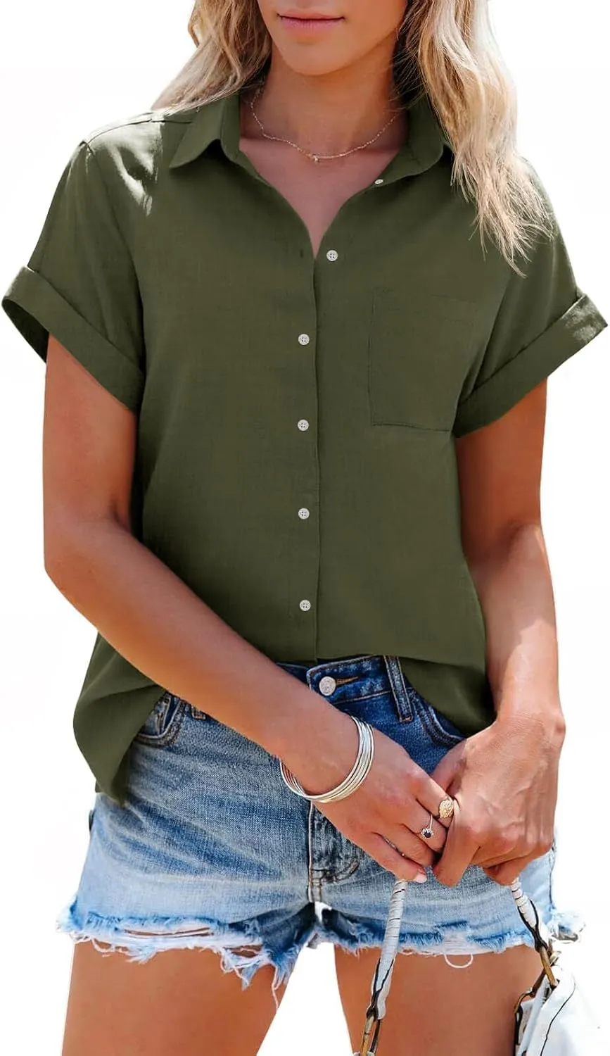 SySea Womens Short Sleeve Striped Shirts Casual Button Down V Neck Work Blouses Tops