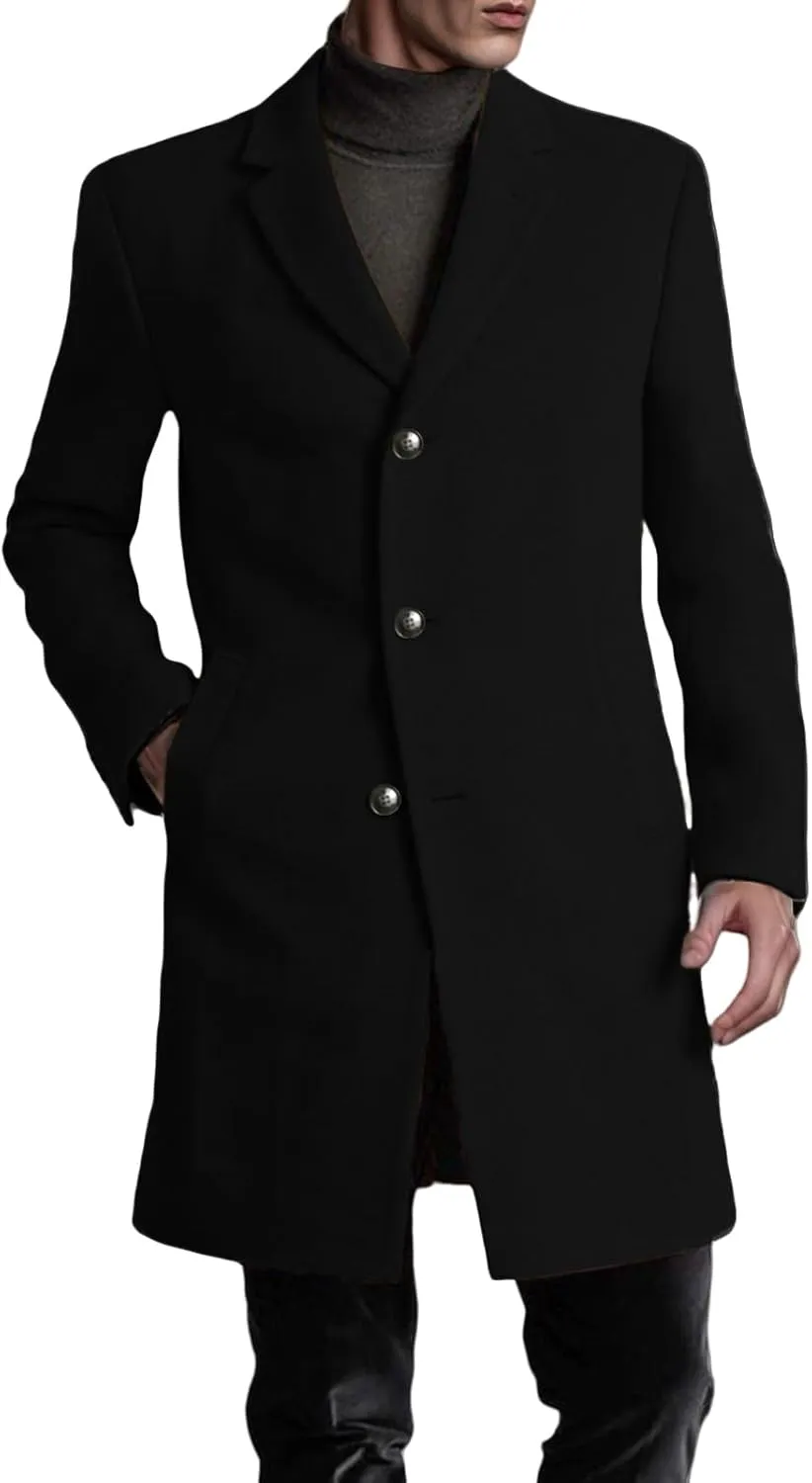 Trench Coat Men Wool Blend Fall Winter Notched Long Jacket Warm Overcoat Single Breasted Pea Coat Business Windbreaker