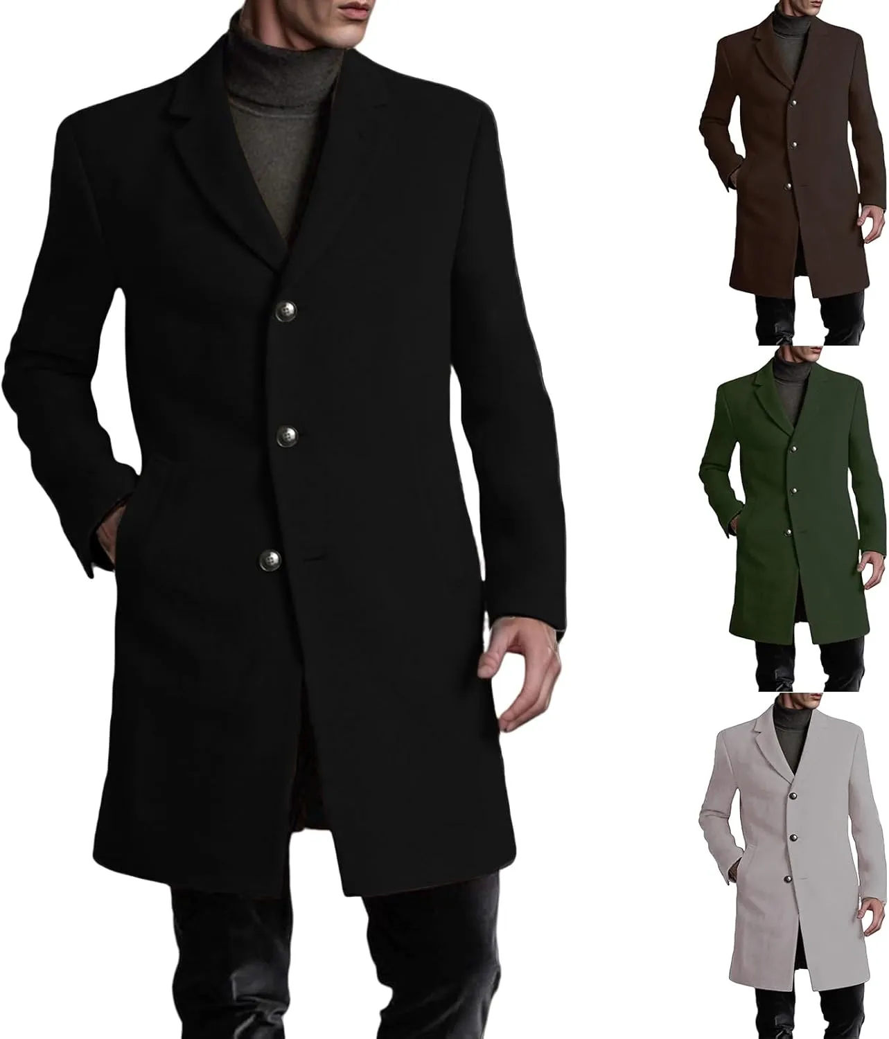 Trench Coat Men Wool Blend Fall Winter Notched Long Jacket Warm Overcoat Single Breasted Pea Coat Business Windbreaker