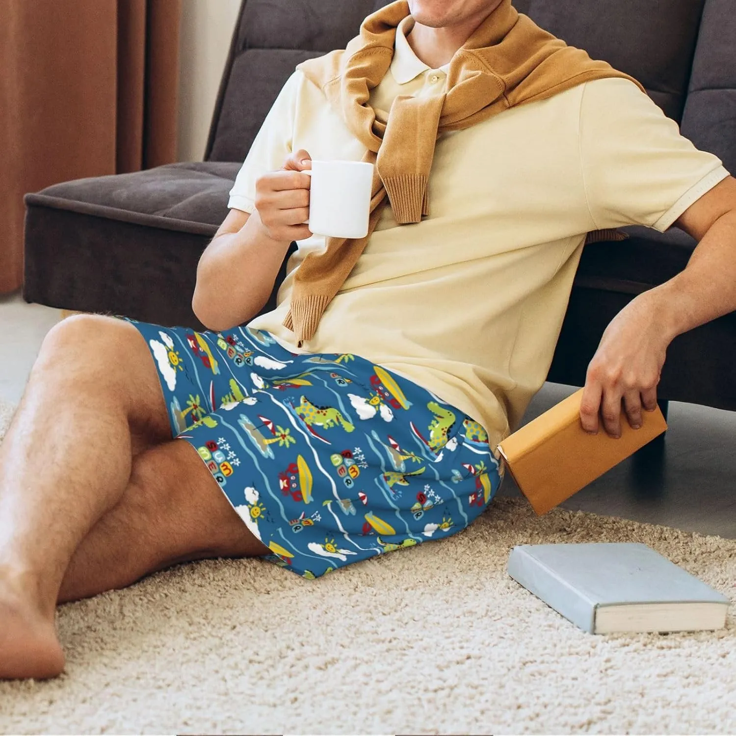 Vosery Mens Pajama Pants - Dinosaur Coconut Crab Comfy Sleep Shorts Mens Pajama Shorts, Mens Lounge Shorts Pj Pants
