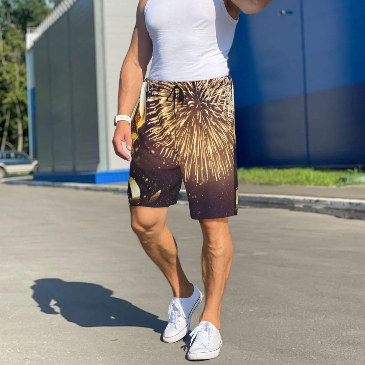 VOSERY mens pajama pants - Happy New Year Comfy Sleep Shorts Mens Pajama shorts, mens lounge shorts pj pants