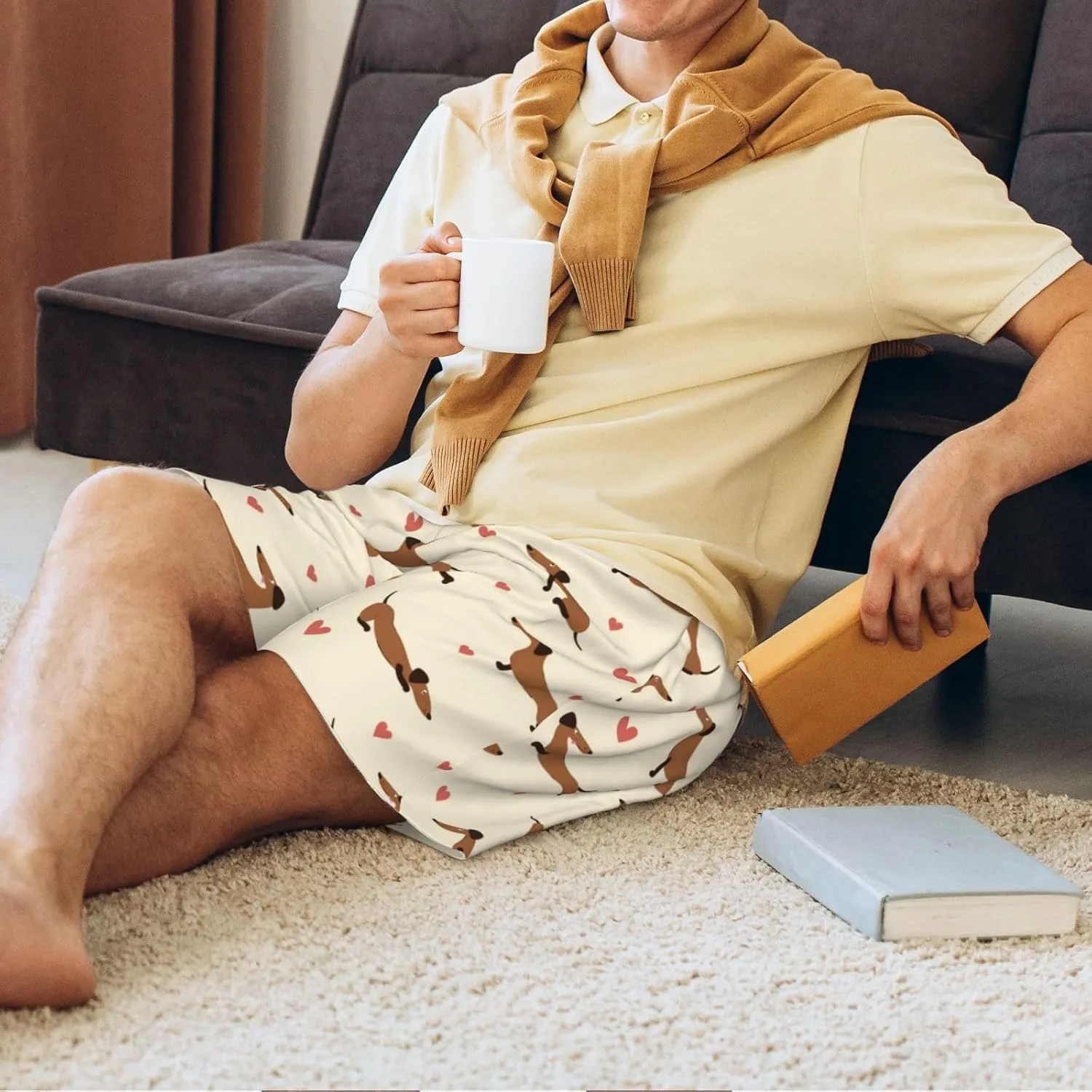Vosery Mens Pajama Pants - Heart Dachshund Comfy Sleep Shorts Mens Pajama Shorts, Mens Lounge Shorts Pj Pants