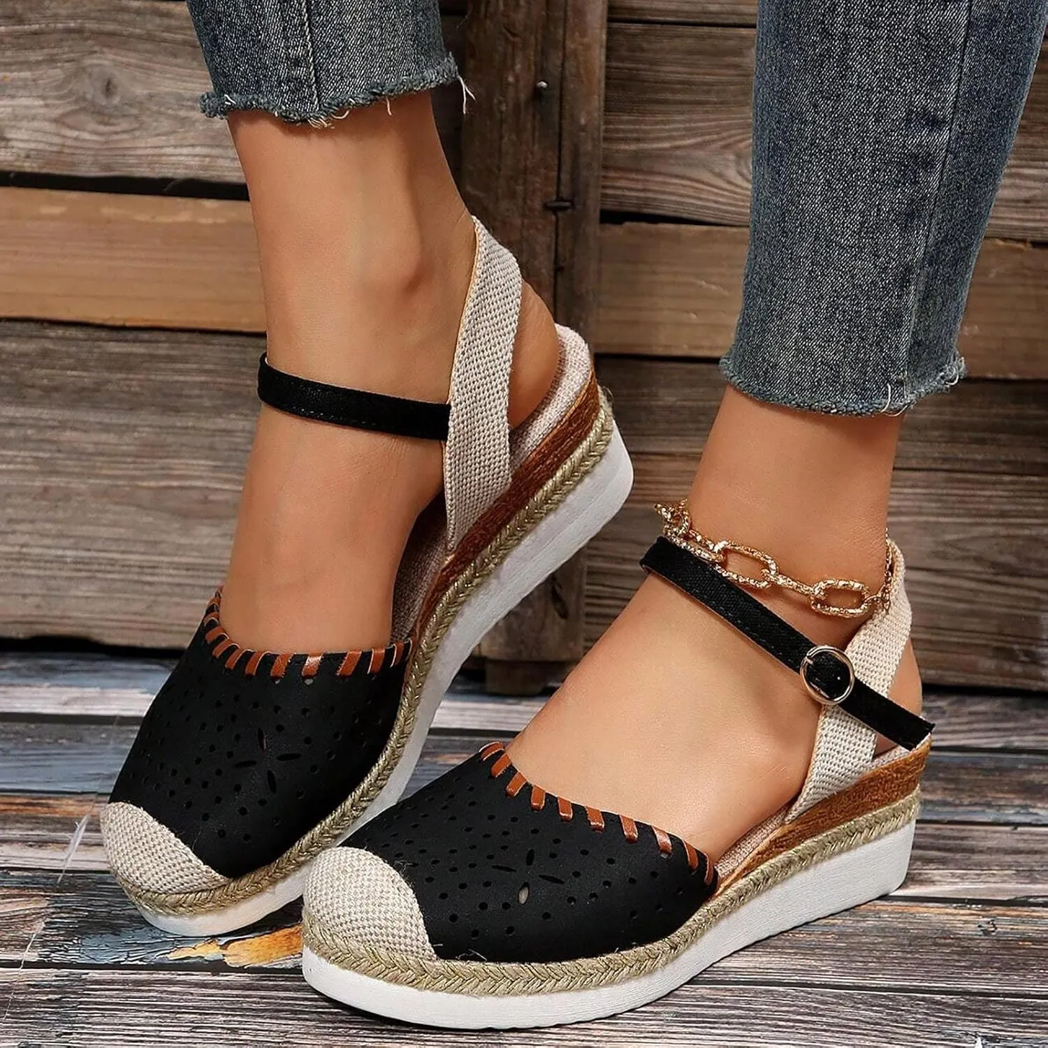 Wedge Sandals for Women,Womens Espadrille Platform Wedge Sandals Open Toe Ankle Strap Buckle Platform Sandals Casual Summer Dress Shoes Platform Sandals Lightweight Womens Sandals