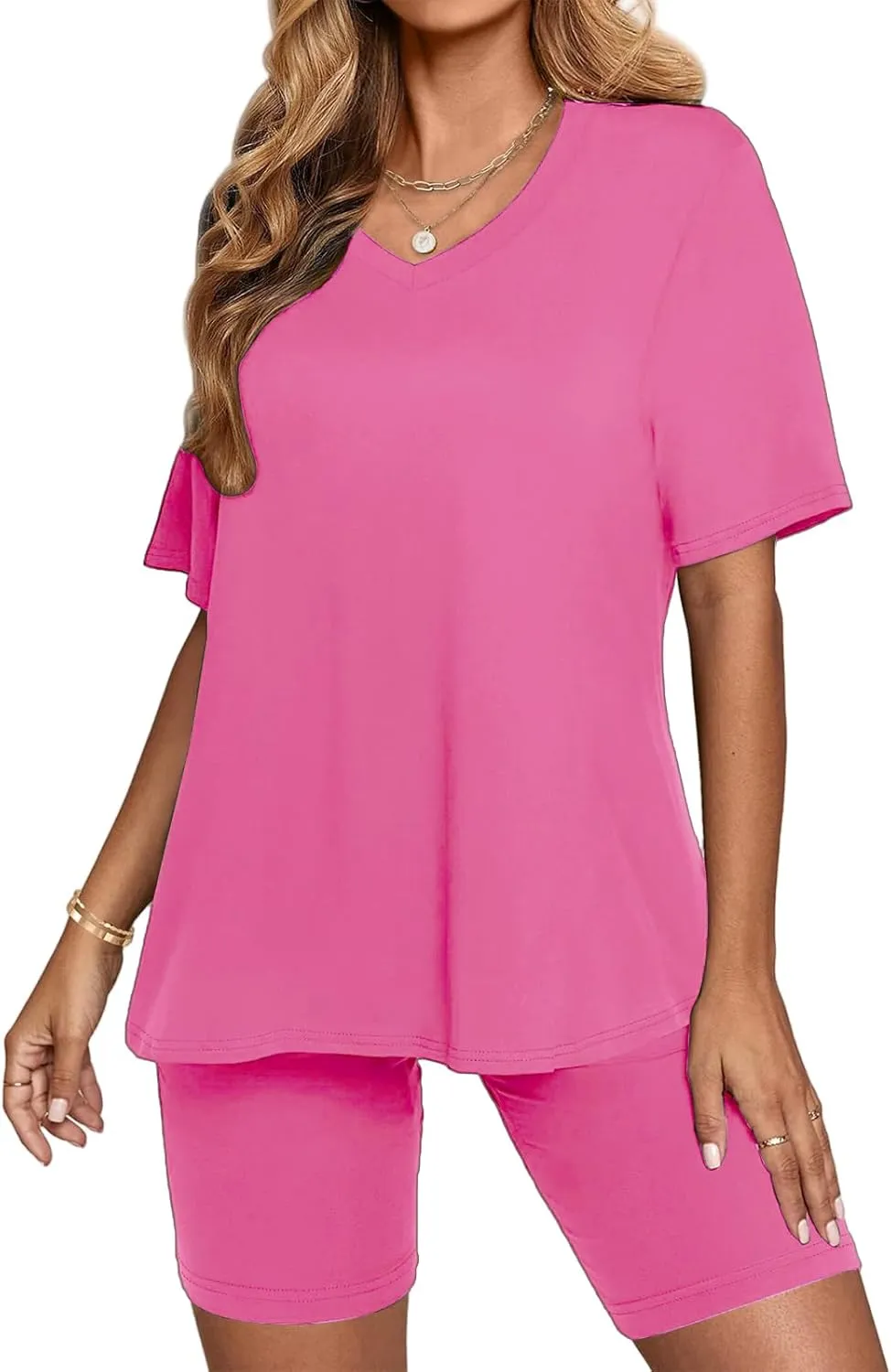 Womens 2 Piece Outfits Lounge Sets Casual V Neck T-Shirt Tops and Trendy Yoga Shorts Sleepwear Loungewear