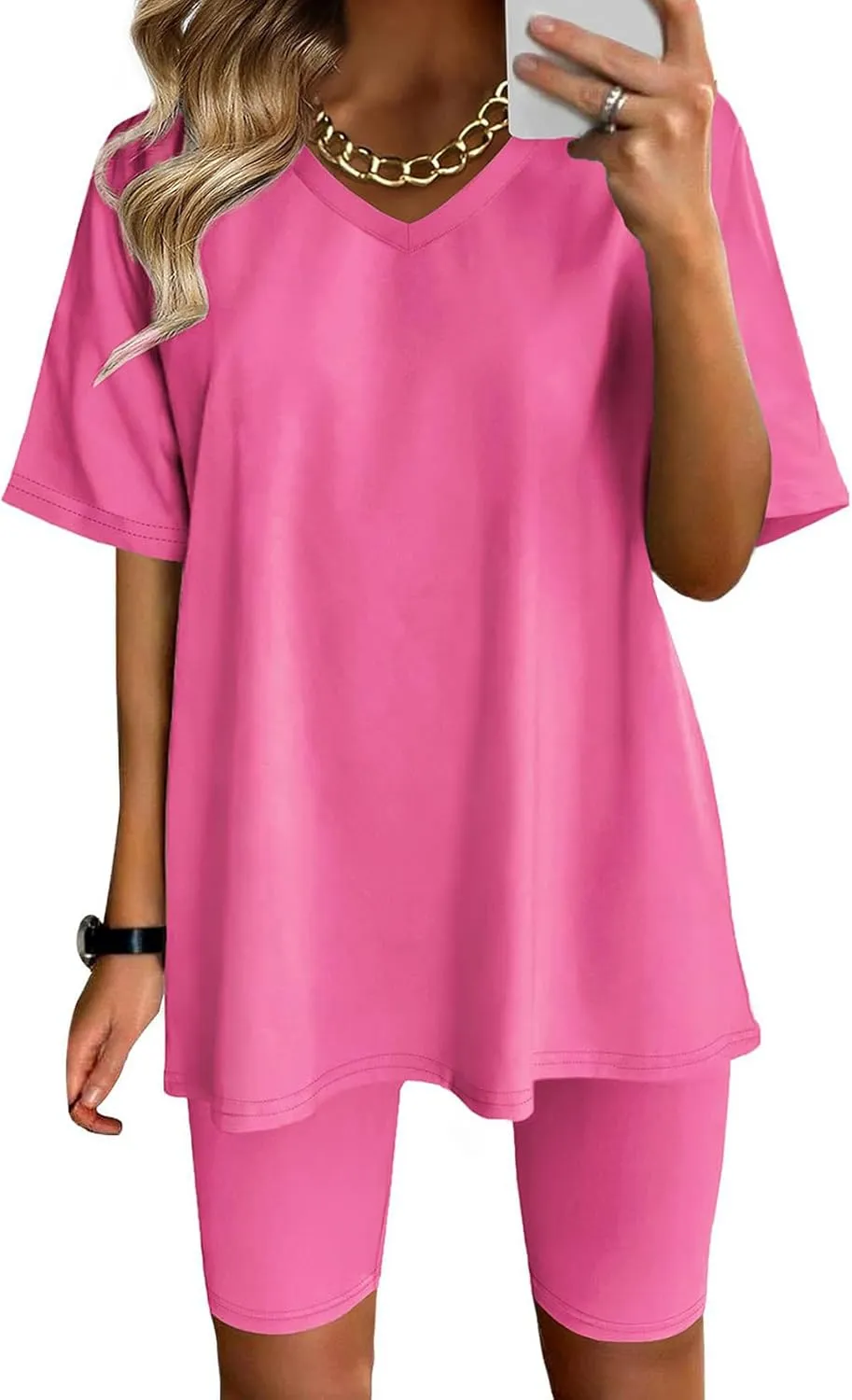 Womens 2 Piece Outfits Lounge Sets Casual V Neck T-Shirt Tops and Trendy Yoga Shorts Sleepwear Loungewear