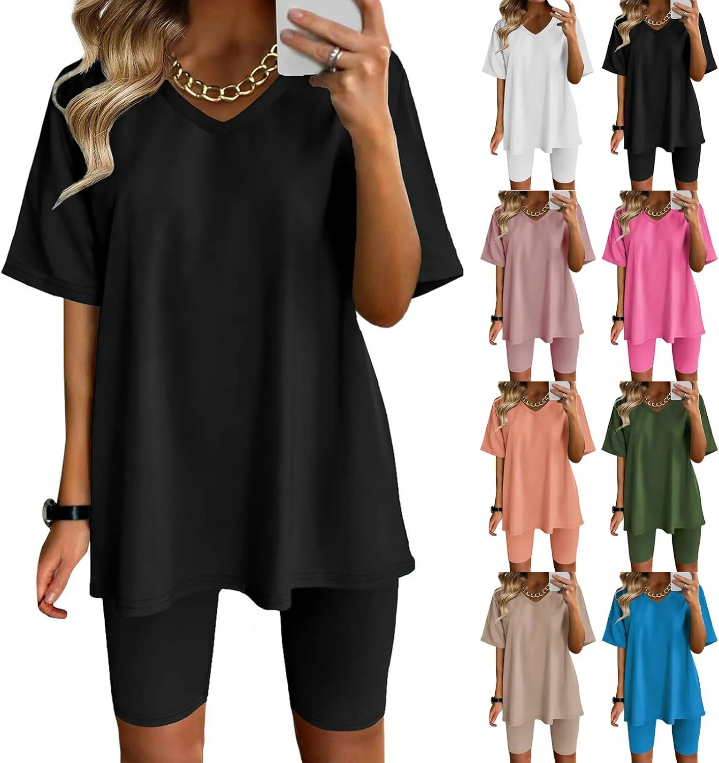 Womens 2 Piece Outfits Lounge Sets Casual V Neck T-Shirt Tops and Trendy Yoga Shorts Sleepwear Loungewear
