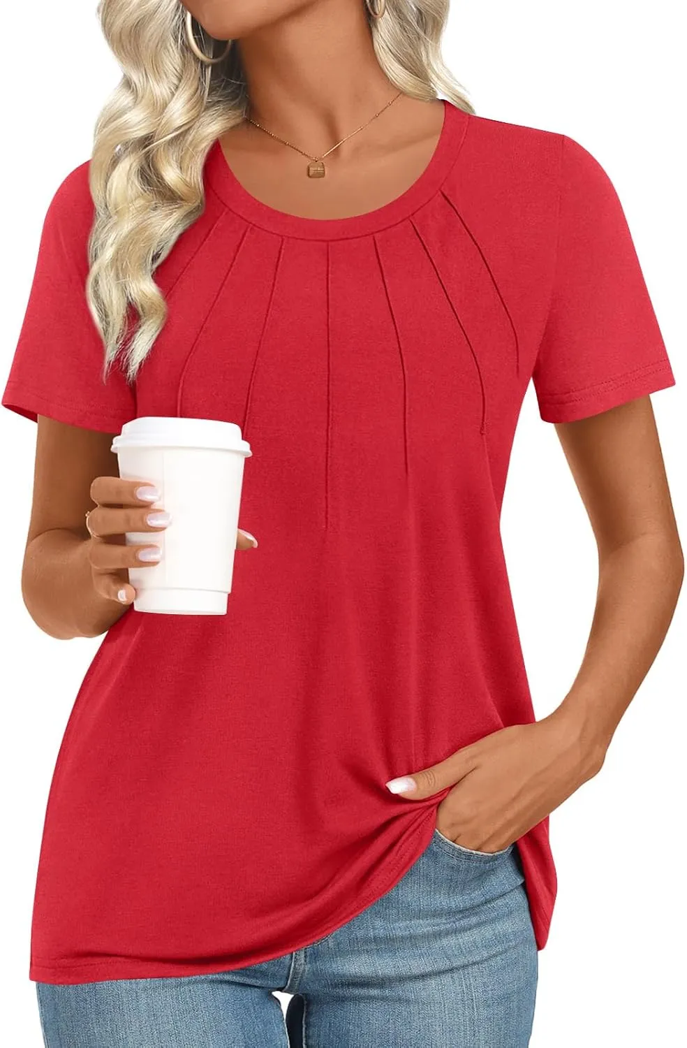 Womens 2025 Tunic Summer Casual Tops Short Sleeve Blouses Crewneck Fashion Tshirts M-3XL
