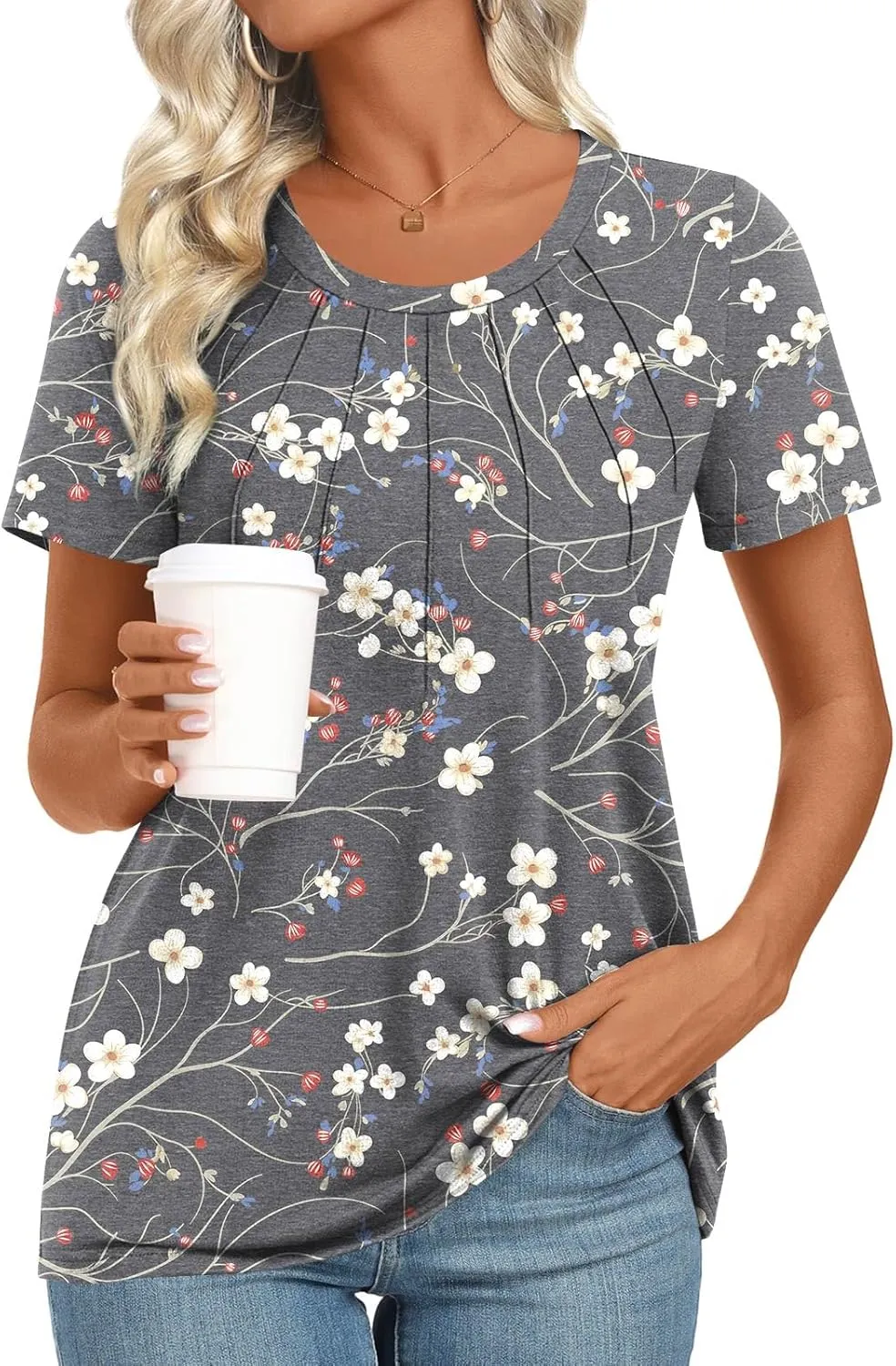 Womens 2025 Tunic Summer Casual Tops Short Sleeve Blouses Crewneck Fashion Tshirts M-3XL
