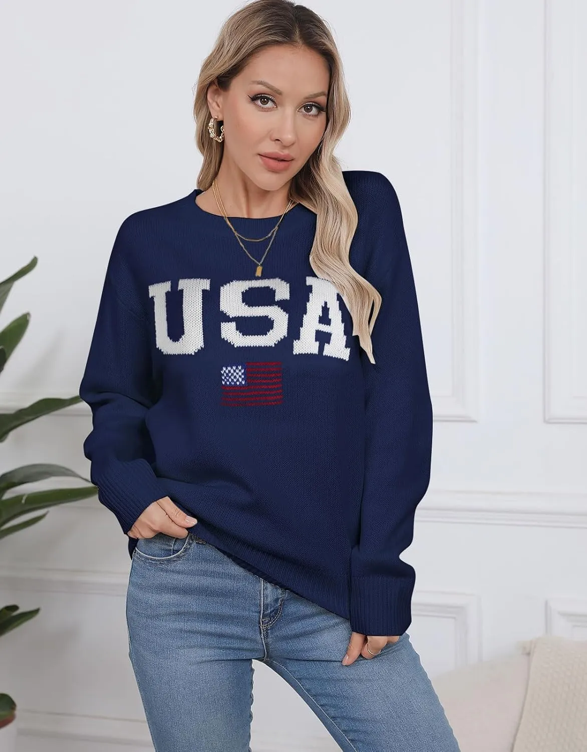 Womens American Flag Sweater Long Sleeve Crew Neck Knitted Casual Pullover Sweater