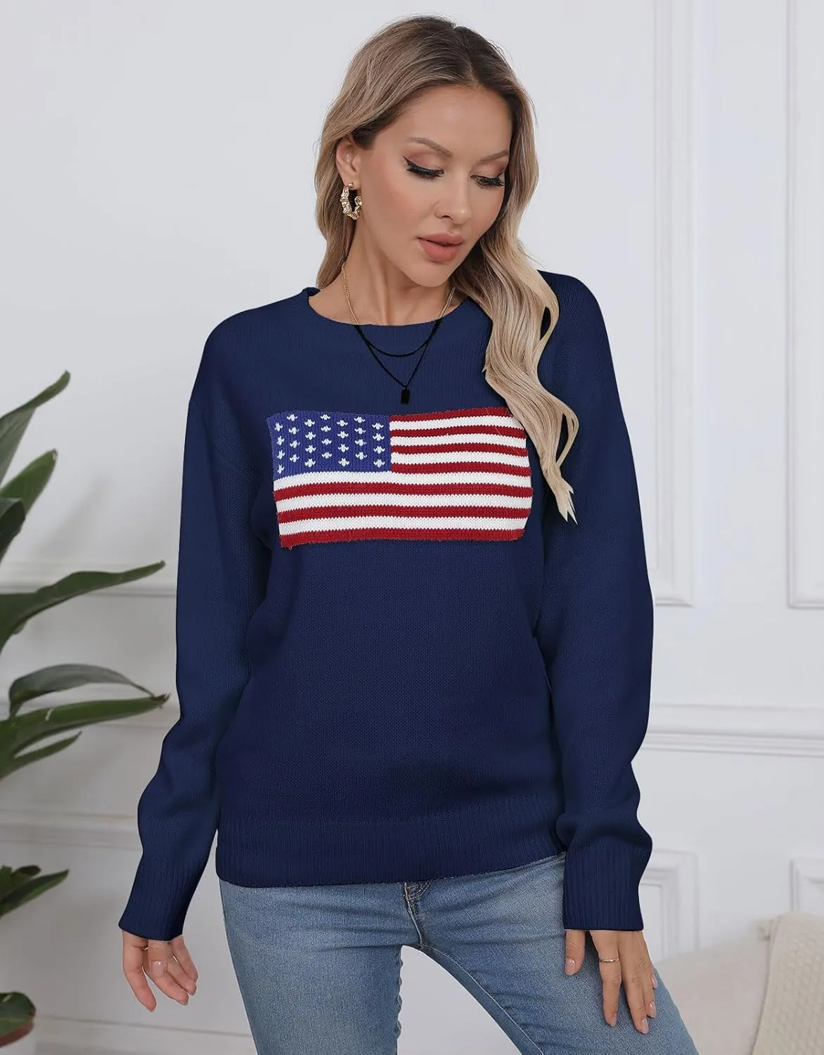 Womens American Flag Sweater Long Sleeve Crew Neck Knitted Casual Pullover Sweater