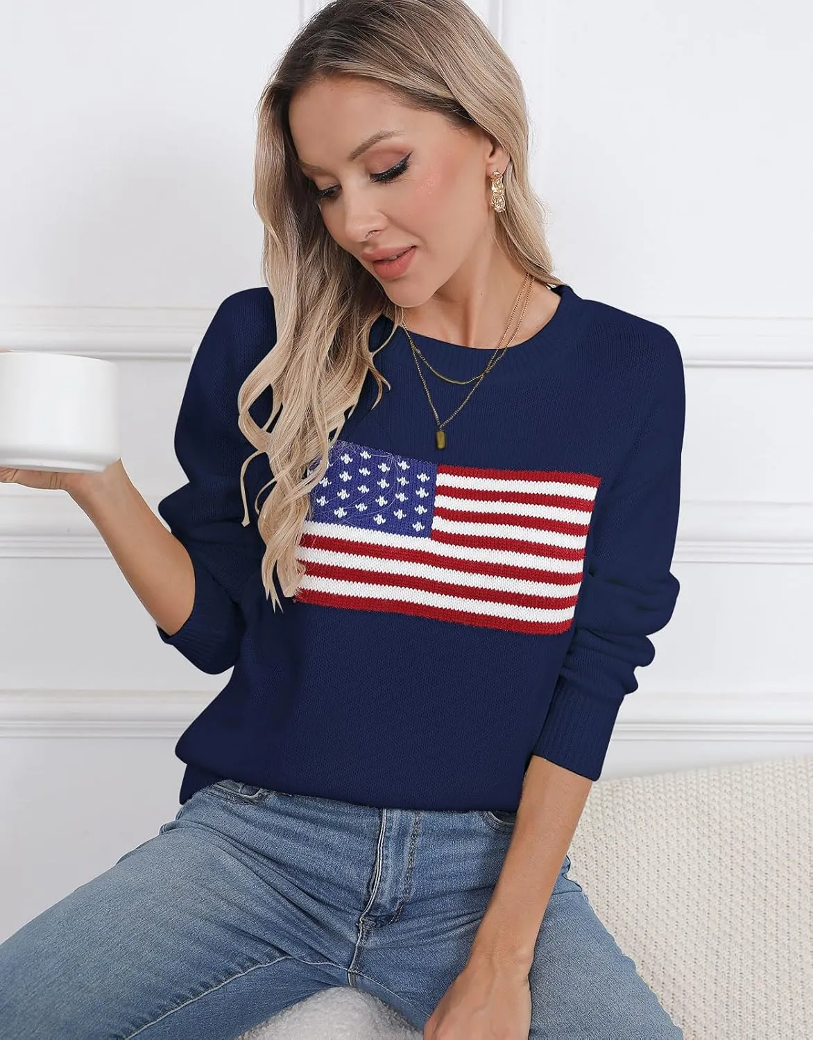 Womens American Flag Sweater Long Sleeve Crew Neck Knitted Casual Pullover Sweater