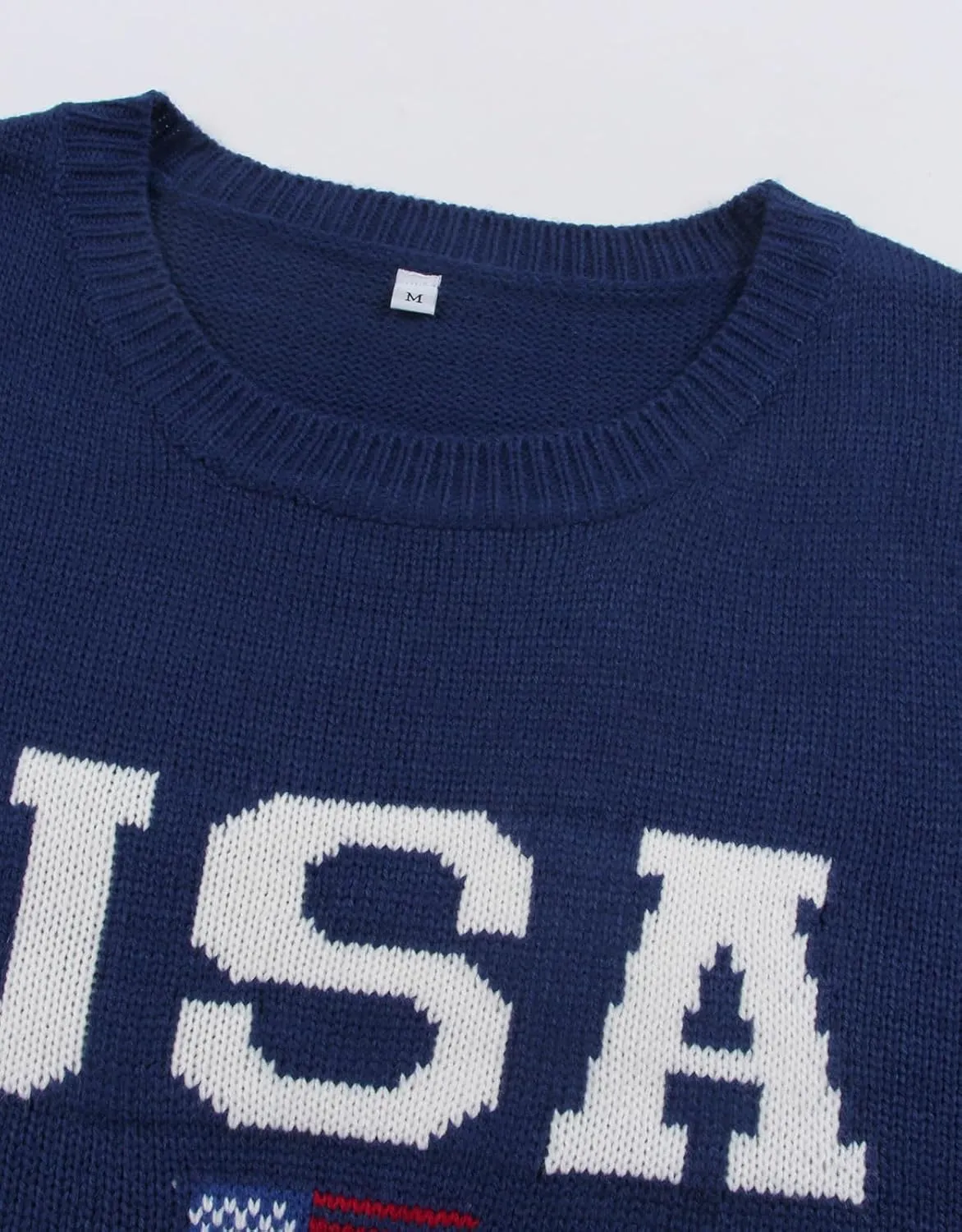 Womens American Flag Sweater Long Sleeve Crew Neck Knitted Casual Pullover Sweater
