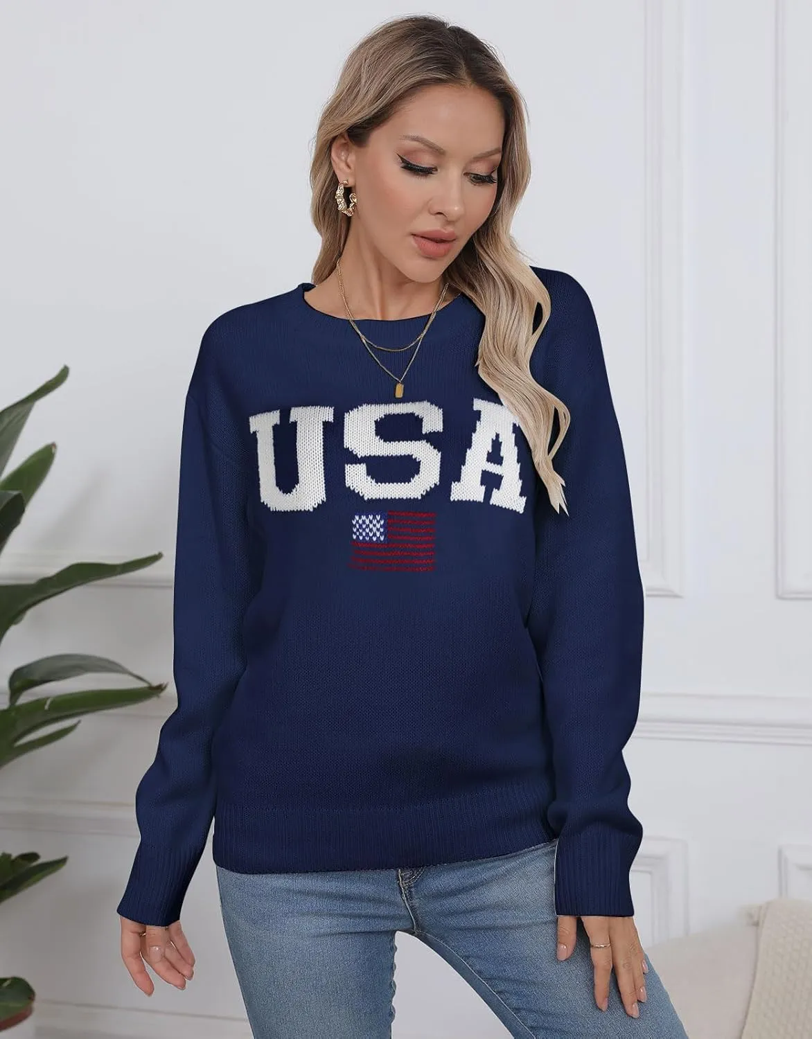 Womens American Flag Sweater Long Sleeve Crew Neck Knitted Casual Pullover Sweater