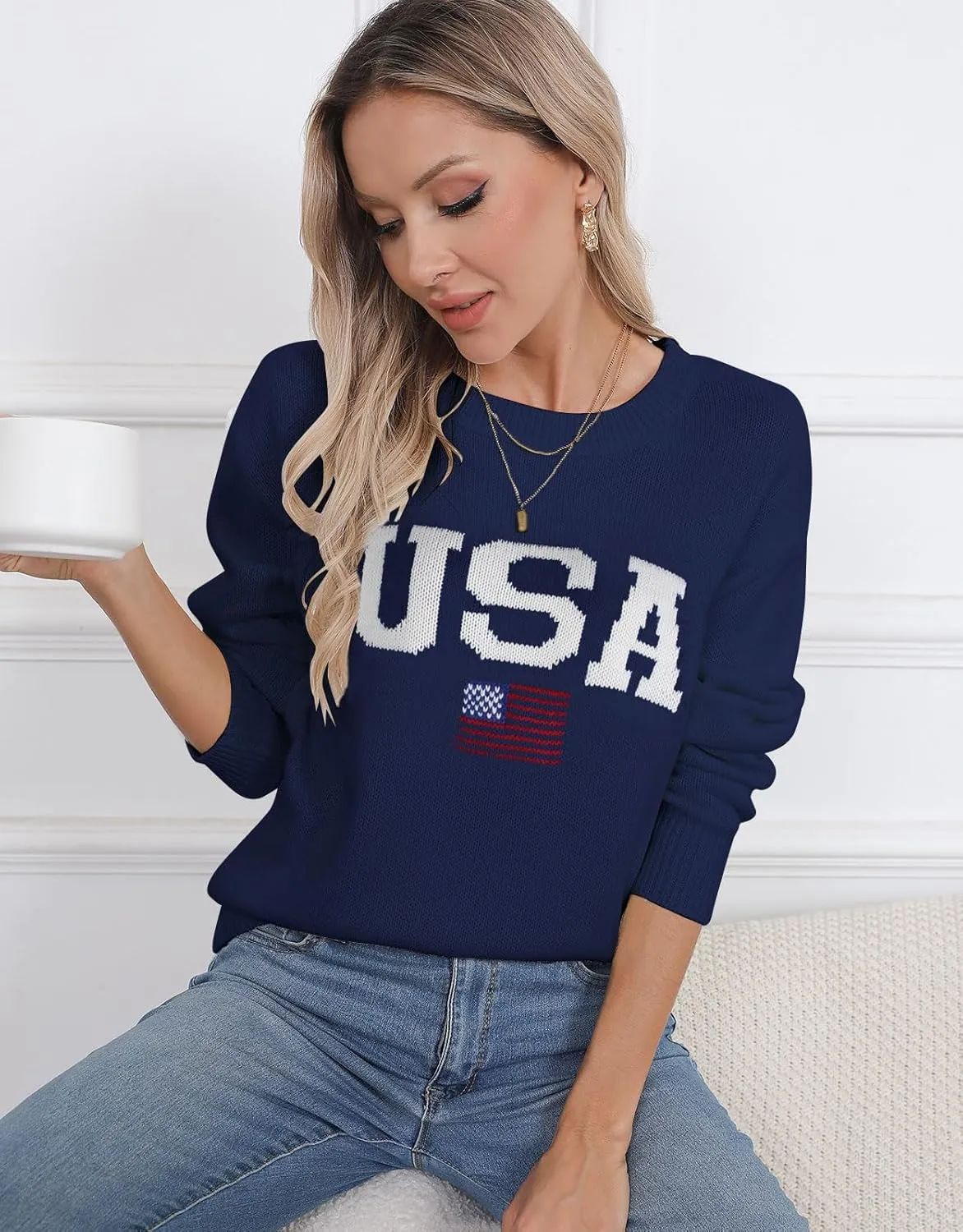 Womens American Flag Sweater Long Sleeve Crew Neck Knitted Casual Pullover Sweater