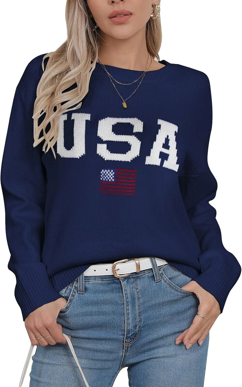 Womens American Flag Sweater Long Sleeve Crew Neck Knitted Casual Pullover Sweater