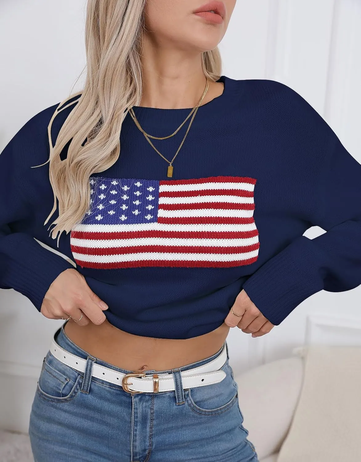 Womens American Flag Sweater Long Sleeve Crew Neck Knitted Casual Pullover Sweater
