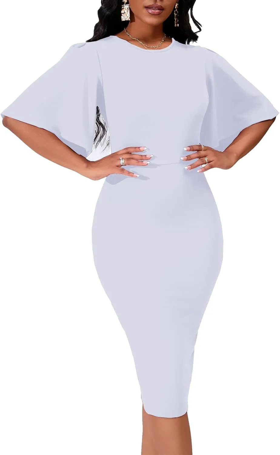 Womens Basic Bodycon Ruffle Flared Short Sleeve Pencil Midi Dress