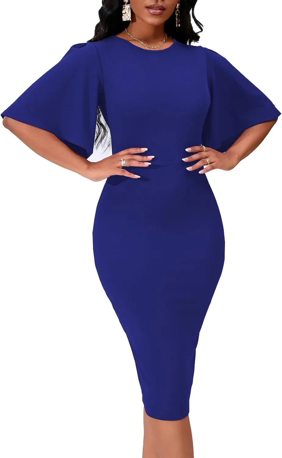 Womens Basic Bodycon Ruffle Flared Short Sleeve Pencil Midi Dress