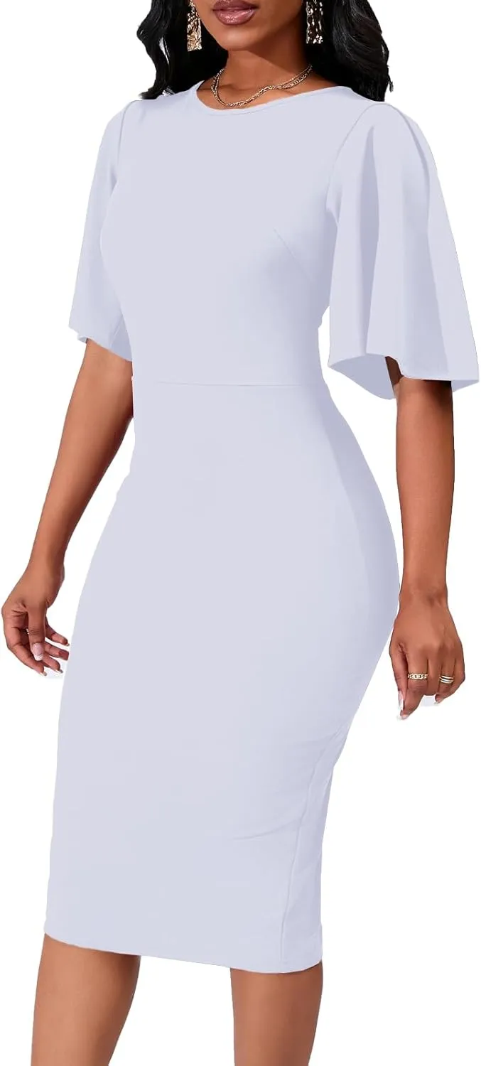 Womens Basic Bodycon Ruffle Flared Short Sleeve Pencil Midi Dress