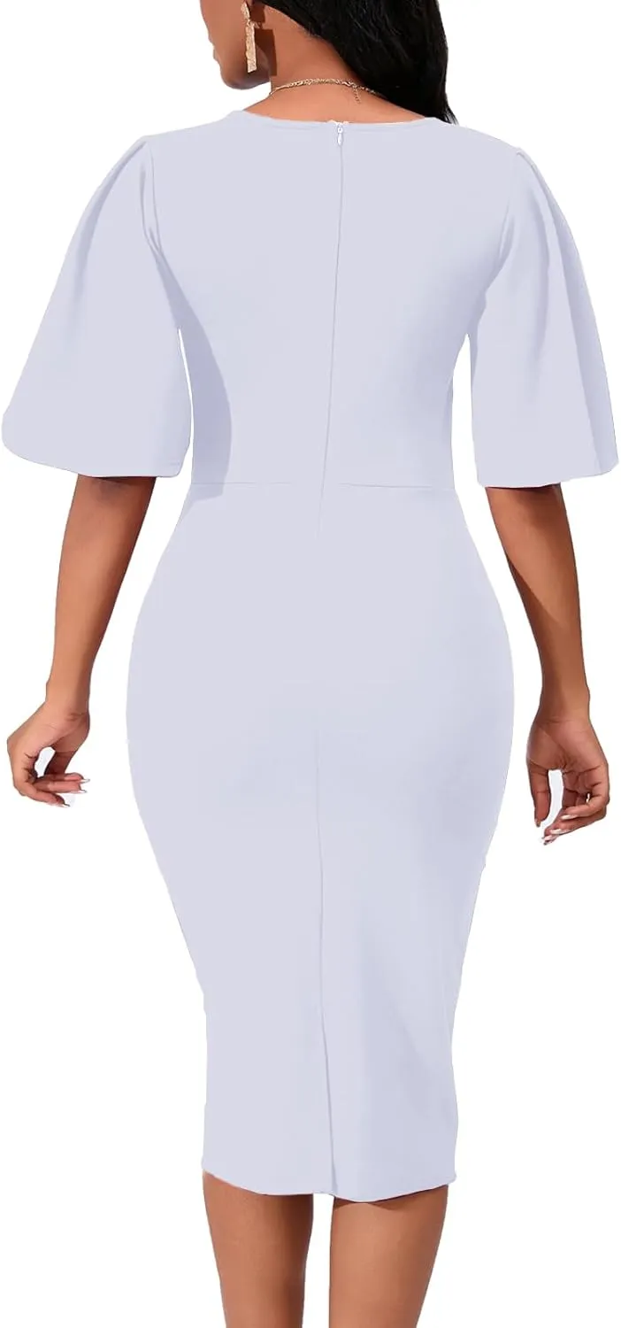 Womens Basic Bodycon Ruffle Flared Short Sleeve Pencil Midi Dress