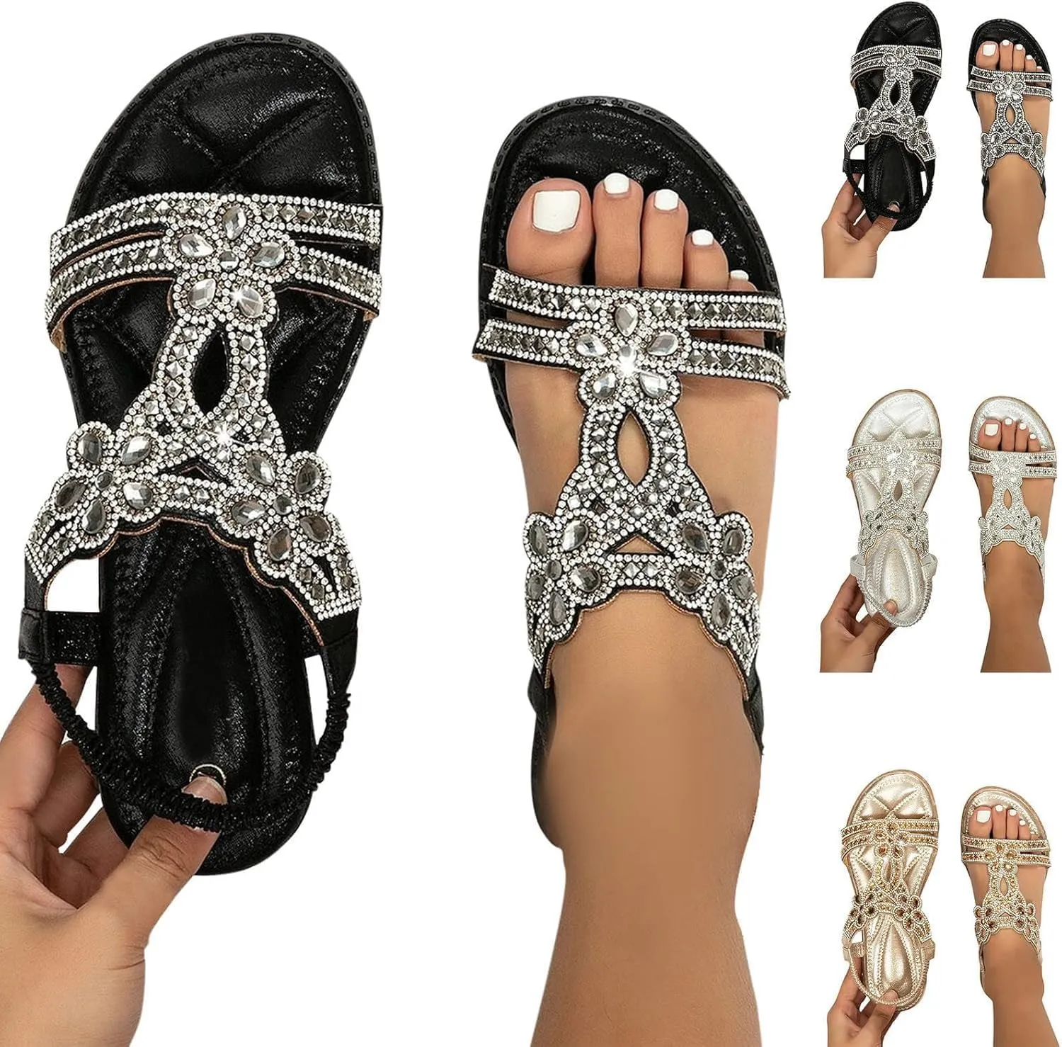 Womens Bohemia Flats Sandals Bohemia Rhinestone Open Toe Elastic Ankle Strap Sandals Summer Beach Shoes Sandals