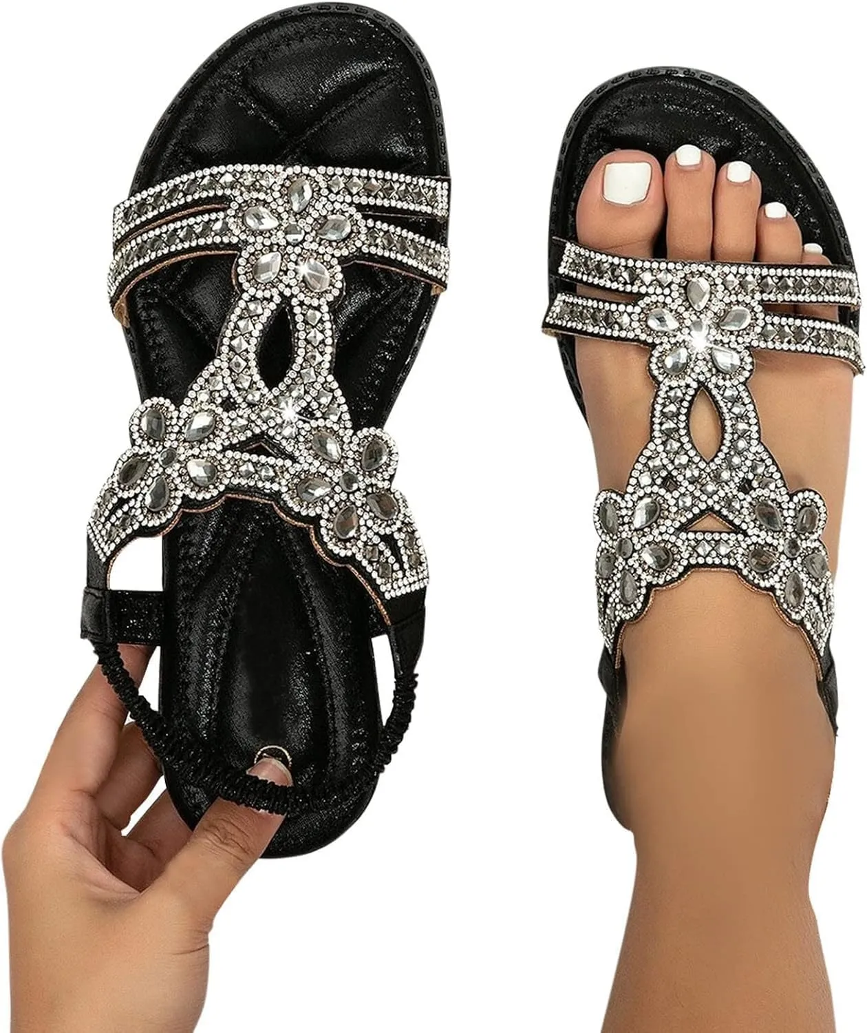Womens Bohemia Flats Sandals Bohemia Rhinestone Open Toe Elastic Ankle Strap Sandals Summer Beach Shoes Sandals
