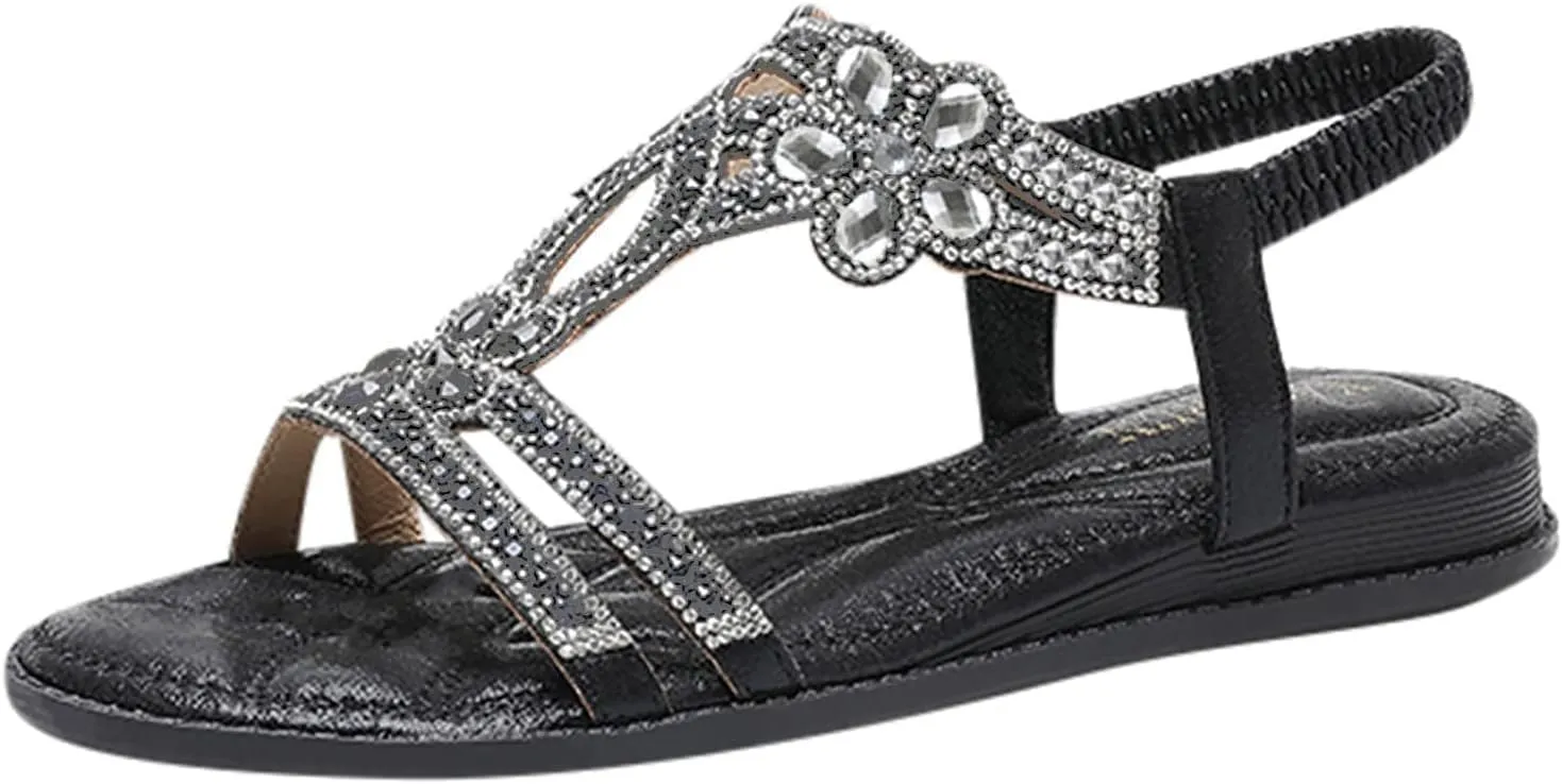 Womens Bohemia Flats Sandals Bohemia Rhinestone Open Toe Elastic Ankle Strap Sandals Summer Beach Shoes Sandals