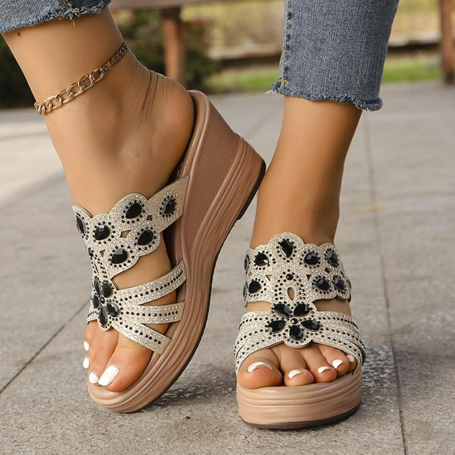 Women's Elegant Thick Bottom Sandals Summer Low Wedges Womens Comfortable Open Toe Sandal Banquet Sandals