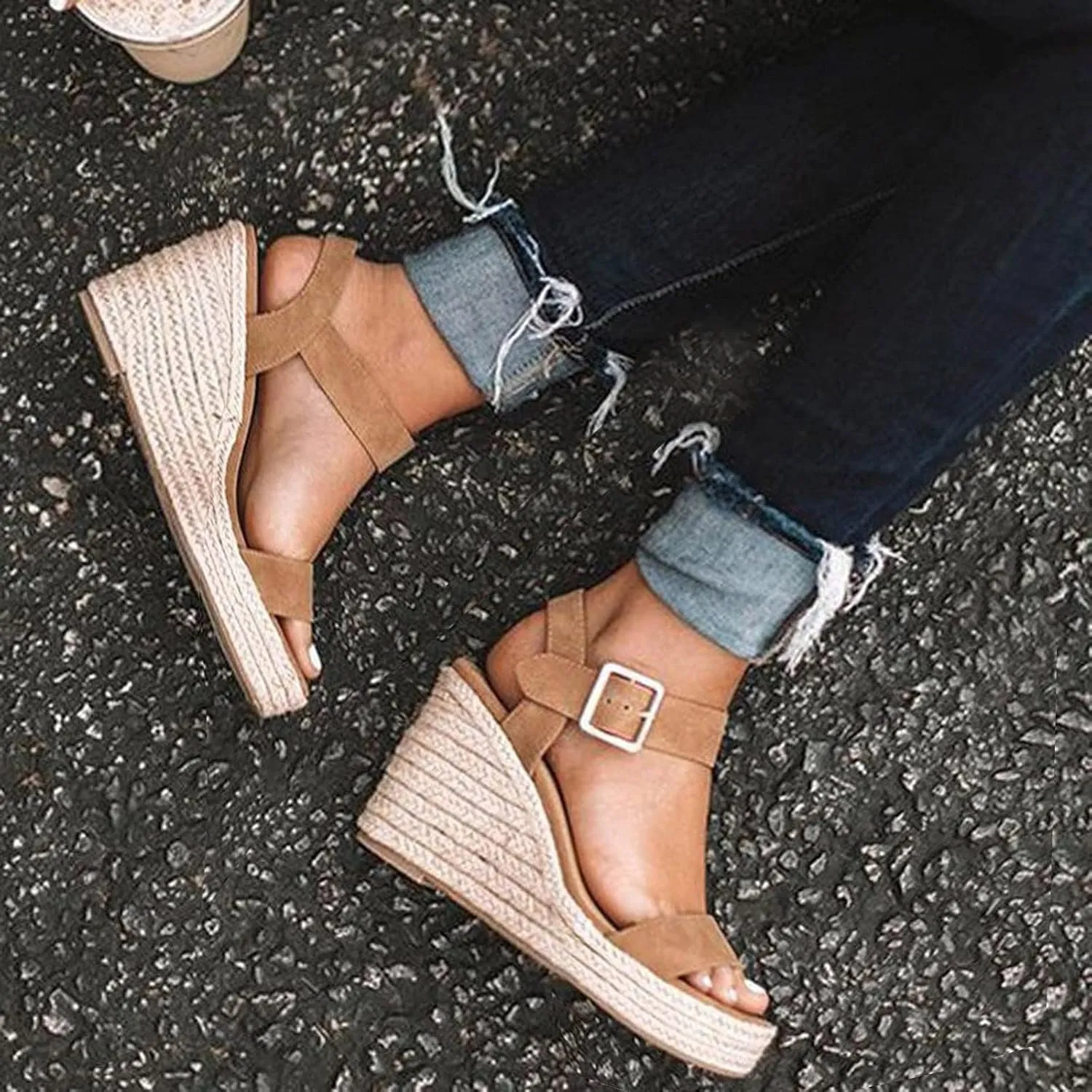 Womens Espadrille Wedge Sandals Open Toe Buckle Ankle Strap Platform Wedge Sandals Summer Beach Shoes