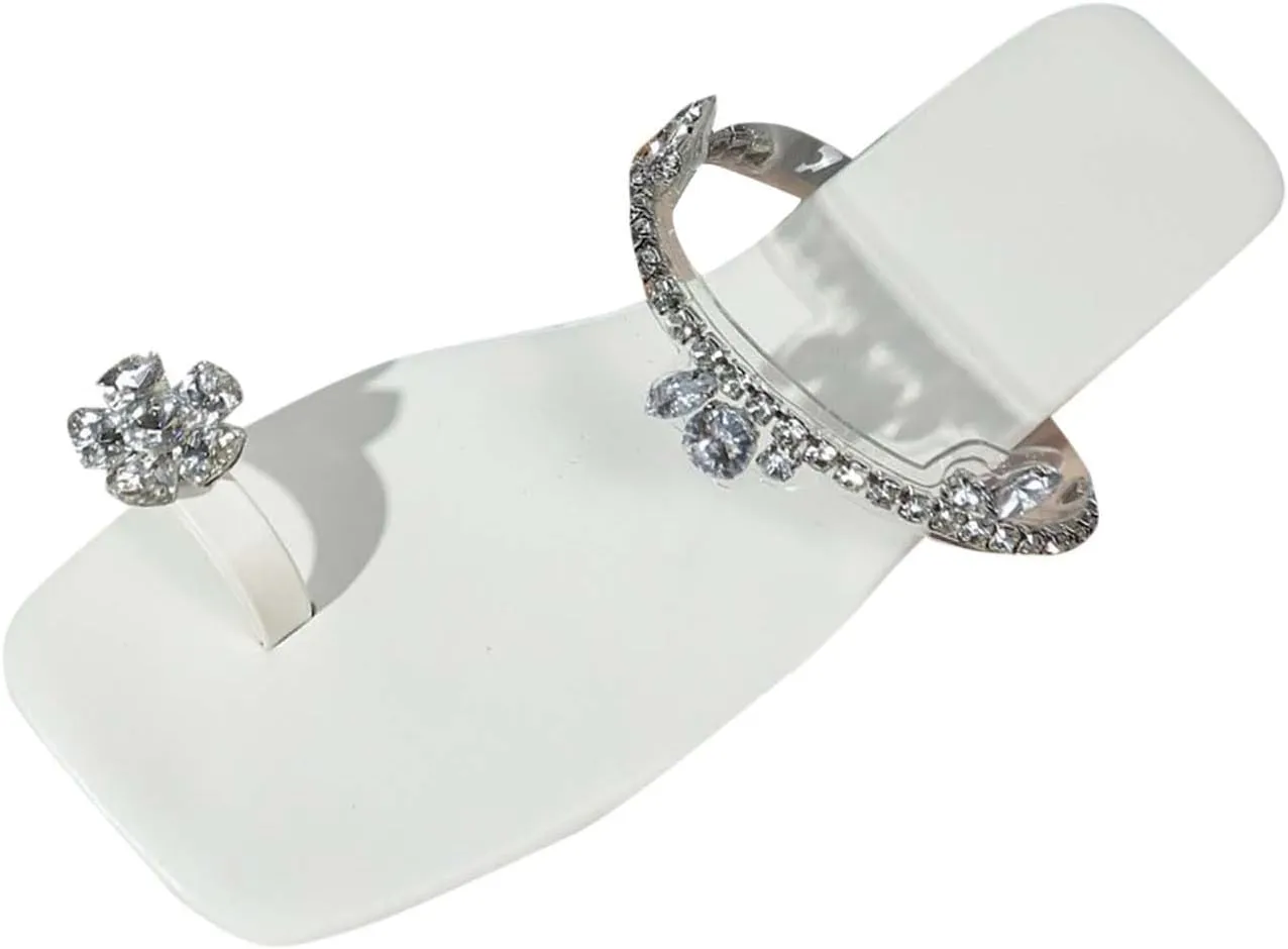 Womens Flats Wide Width Comfortable Slides Rhinestones Cute Square Open Toe Strap Slip On Beach Sandals