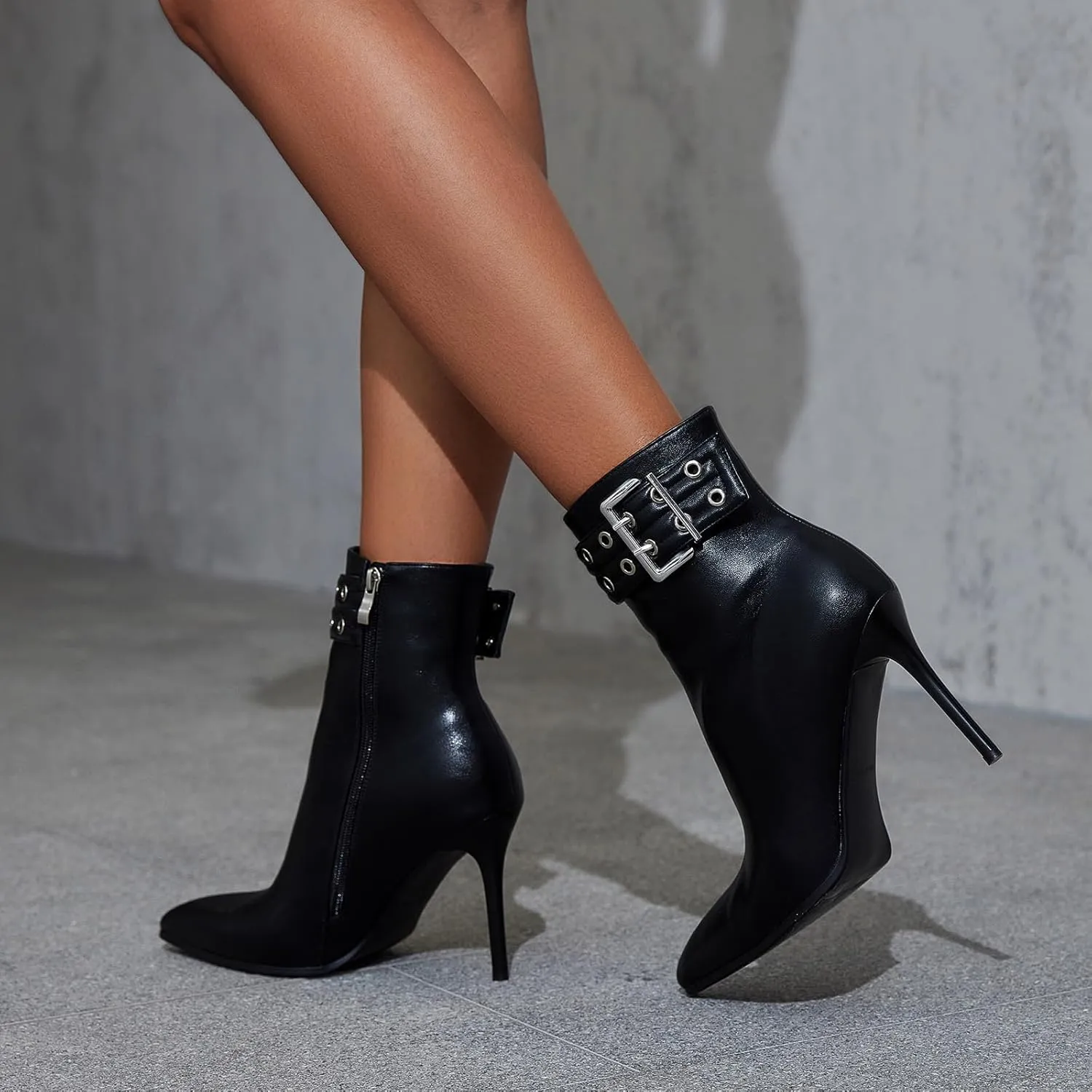 Womens High Heel Ankle Boots Sexy Pointed Toe Slip-on Stiletto Boot with Zipper 4 Inch Heels