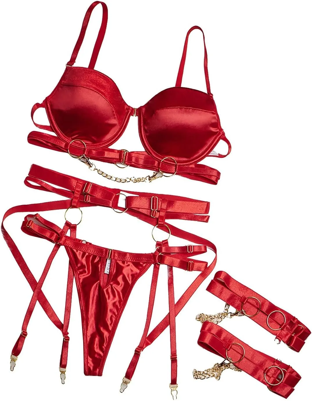 Womens Lingerie Faux Leather Garter with Underwire Push Up Bra and Chain Lace Bodysuit